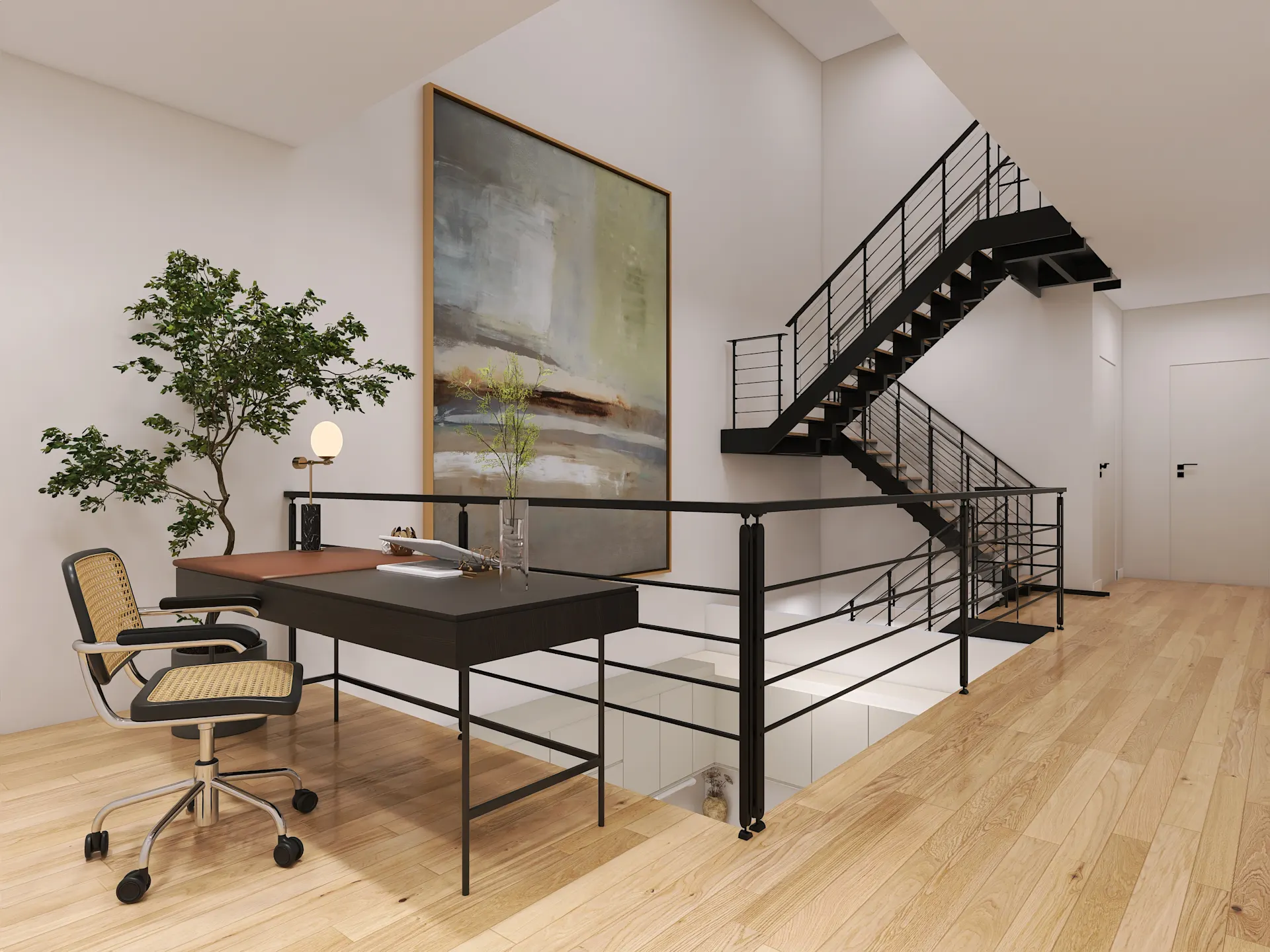 Heller Flur mit Schreibtisch, Stuhl, Pflanze, großem Bild und schwarzer Treppe.
