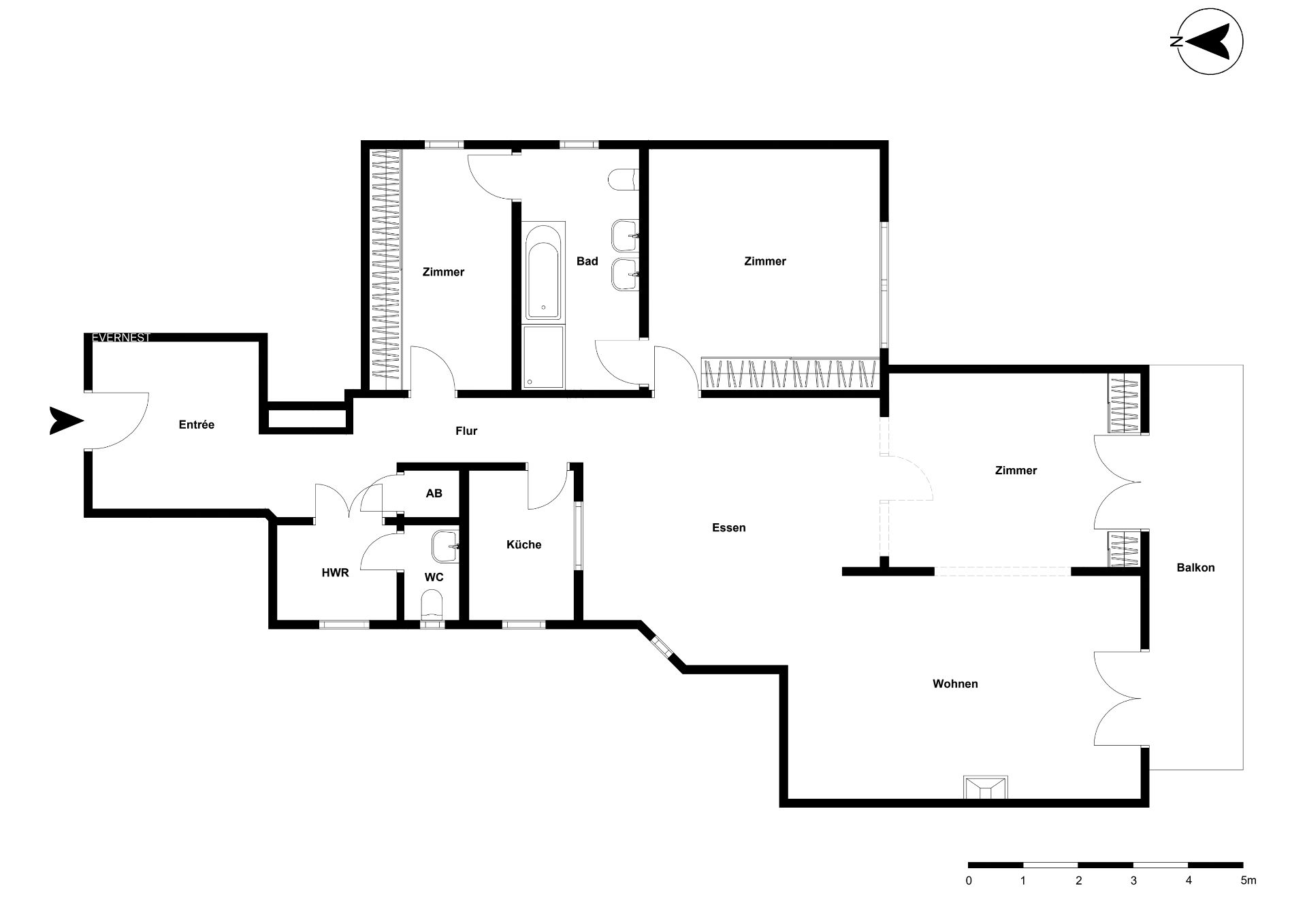 Grundriss einer Wohnung mit drei Zimmern, Küche, Bad, WC, Balkon, Wohn- und Essbereich.