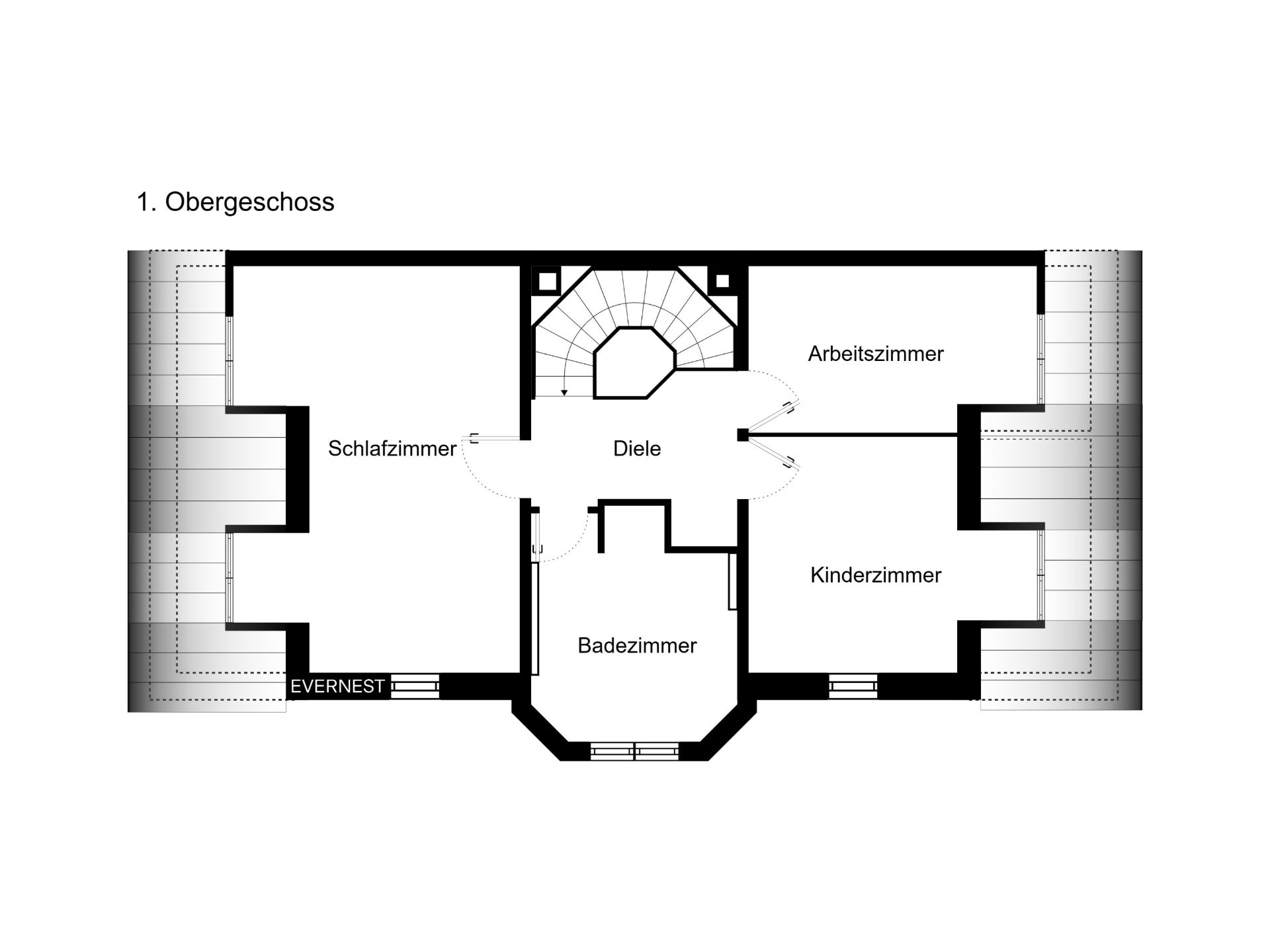 Grundriss des Obergeschosses mit Schlafzimmer, Arbeitszimmer, Kinderzimmer, Badezimmer und Diele.