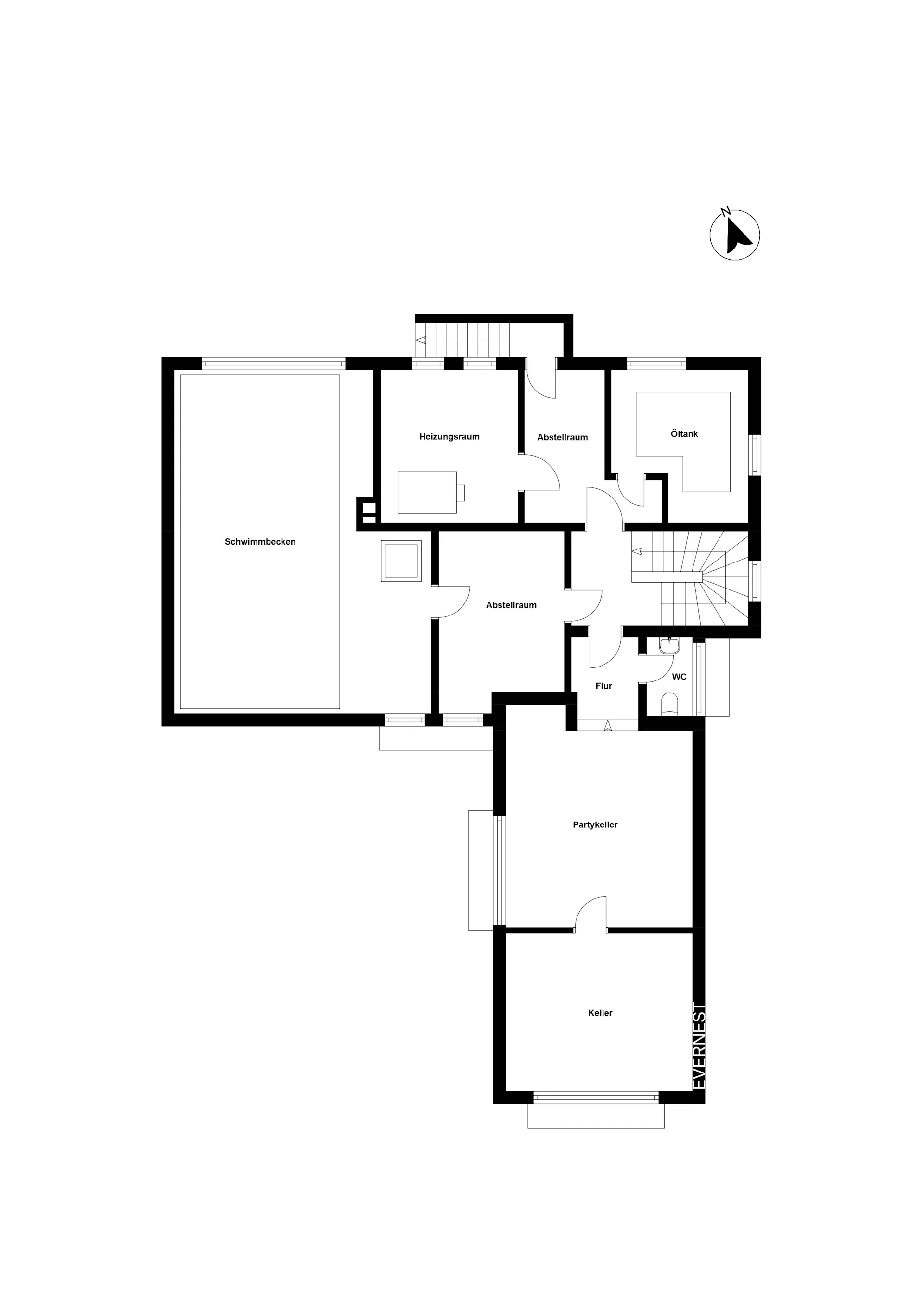 Grundriss mit Schwimmbecken, Heizungsraum, Abstellräumen, Partykeller, Keller und WC.