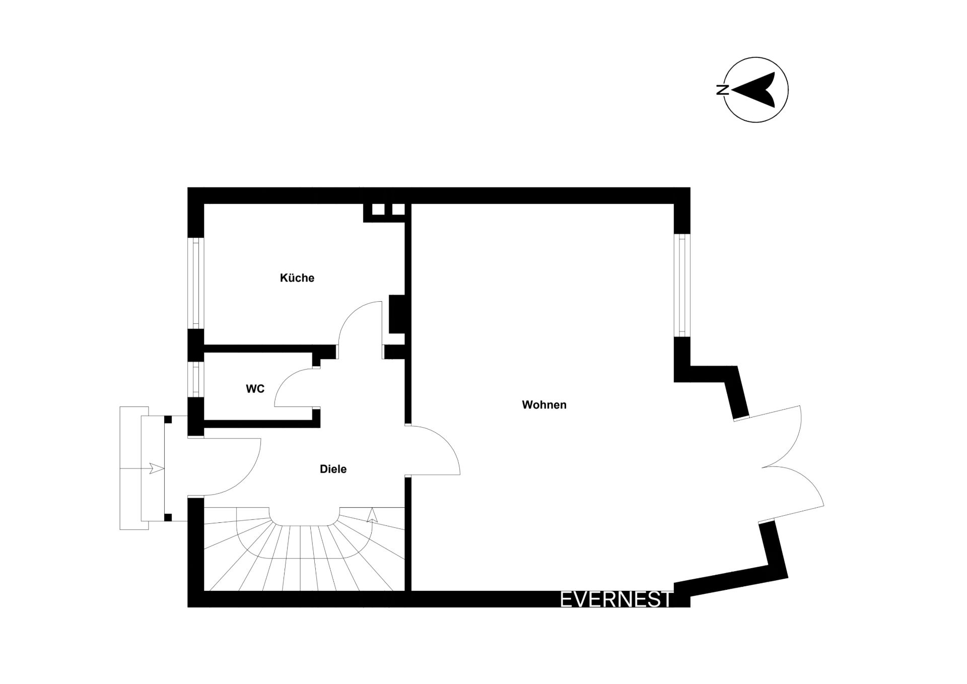 Grundriss mit Diele, Küche, WC und großem Wohnraum.