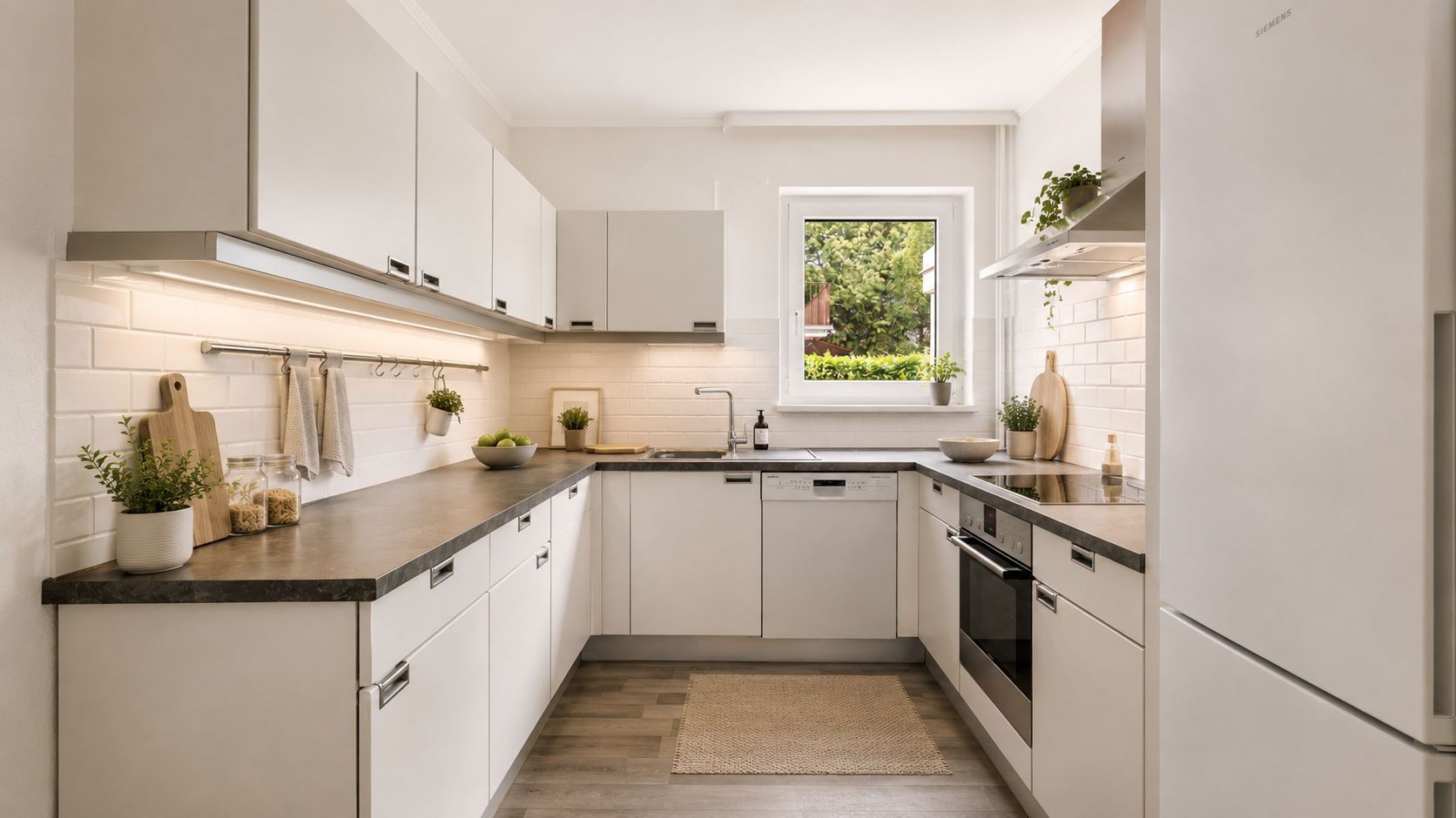 Helle, moderne Einbauküche mit weißen Schränken, Fenster und Pflanzen auf der Arbeitsfläche.