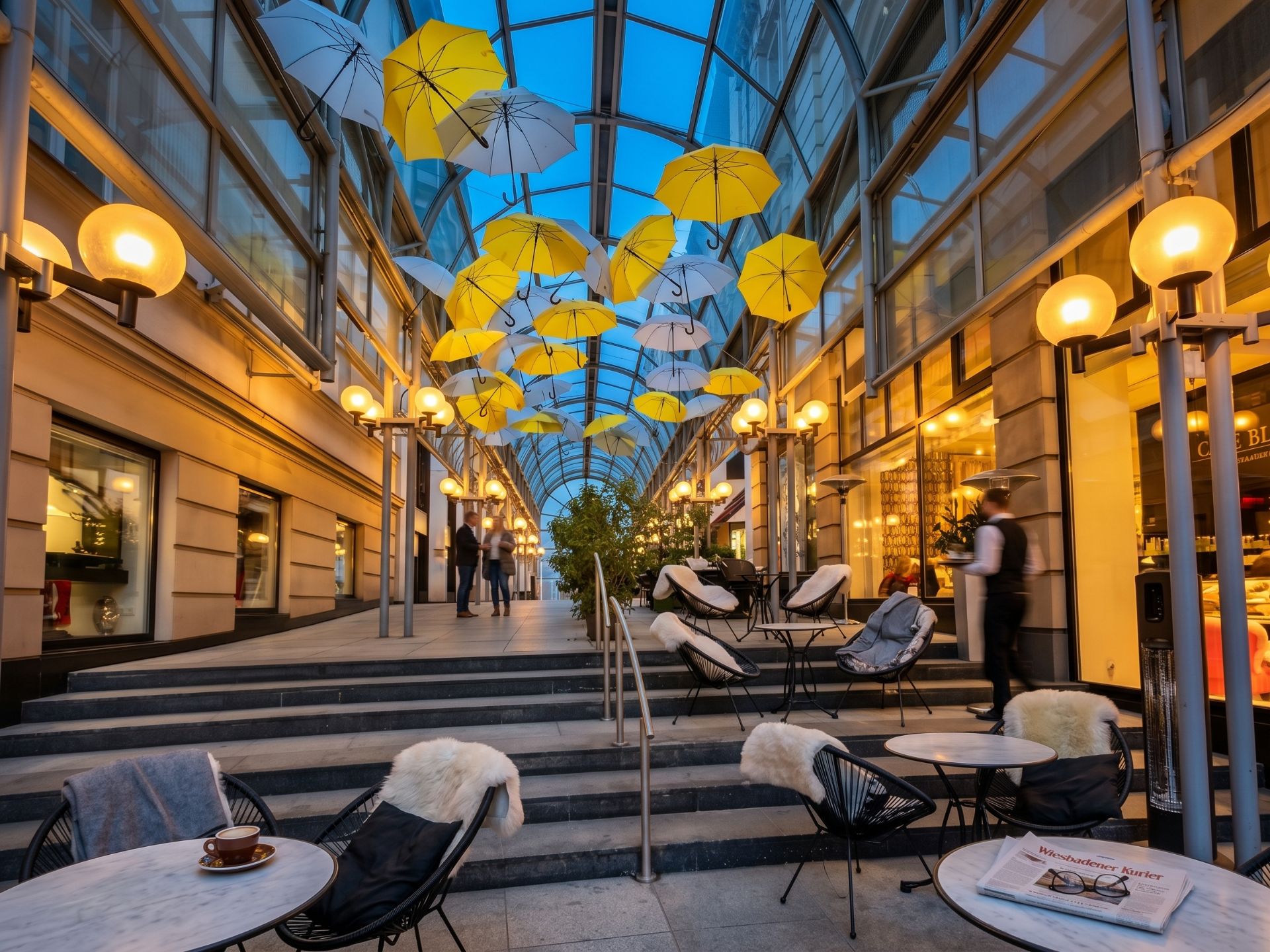 Überdachte Passage mit gelben Regenschirmen, Sitzplätzen und Tischen, abends beleuchtet.