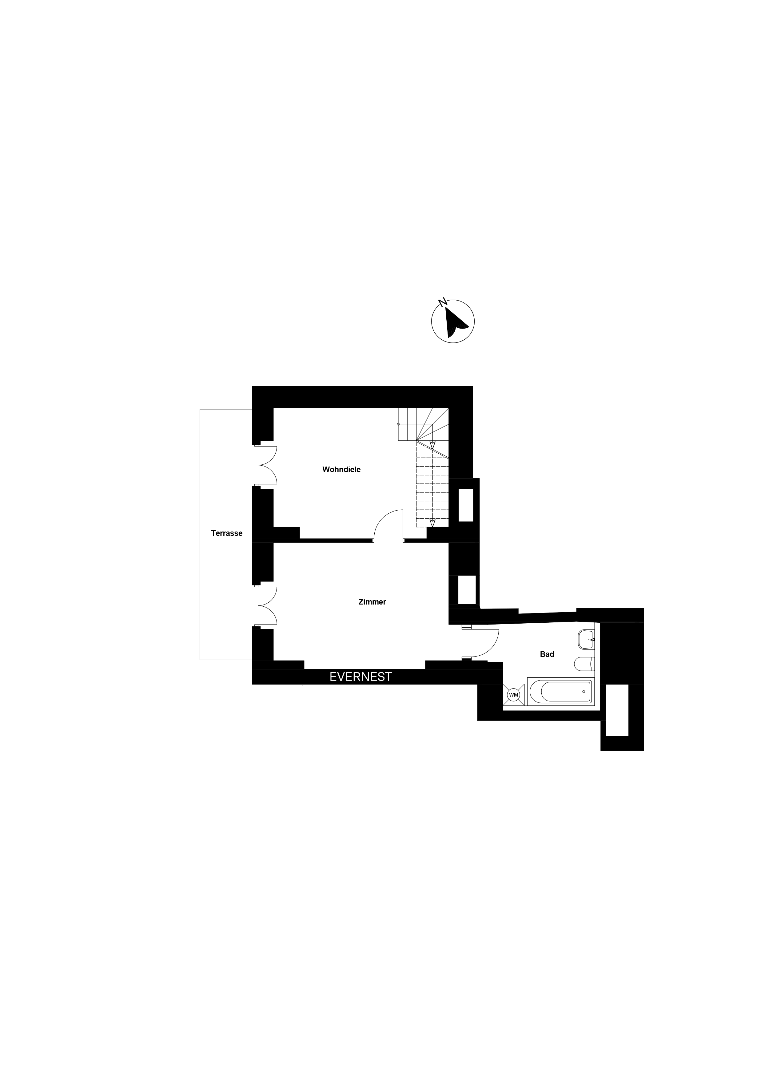 Grundriss mit Wohnhalle, Zimmer, Bad und Terrasse.
