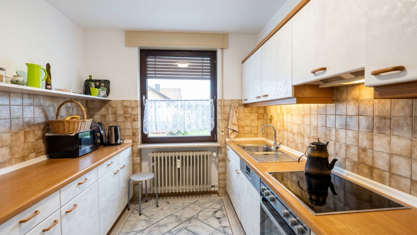 Helle Küche mit Holzarbeitsflächen, Elektroherd, Spüle und Fenster mit Blick nach draußen.