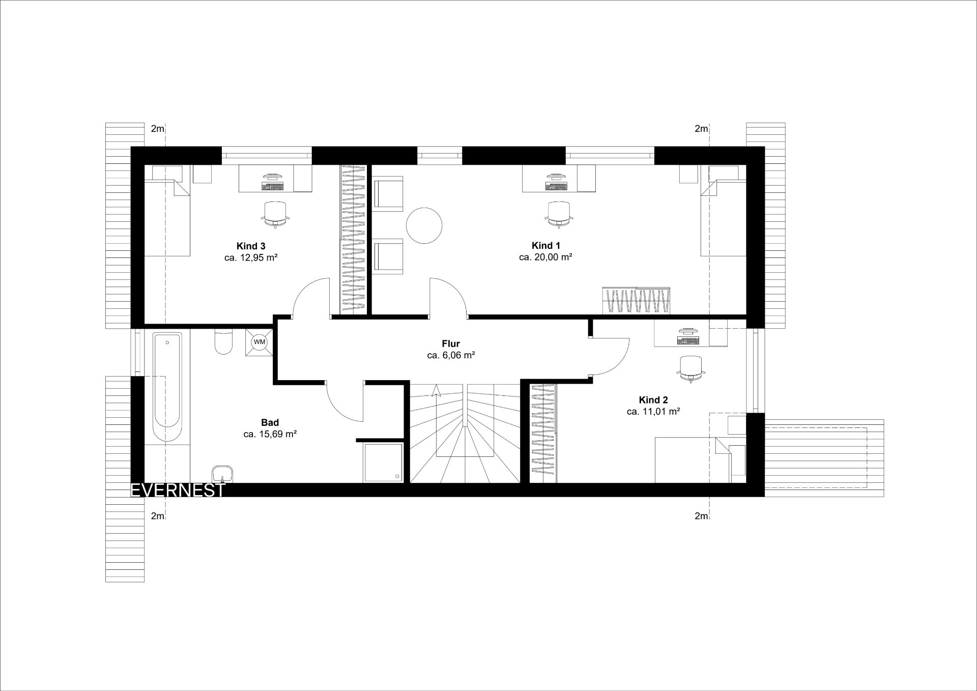 Grundriss mit drei Kinderzimmern, einem Bad und einem Flur, Treppe in der Mitte.