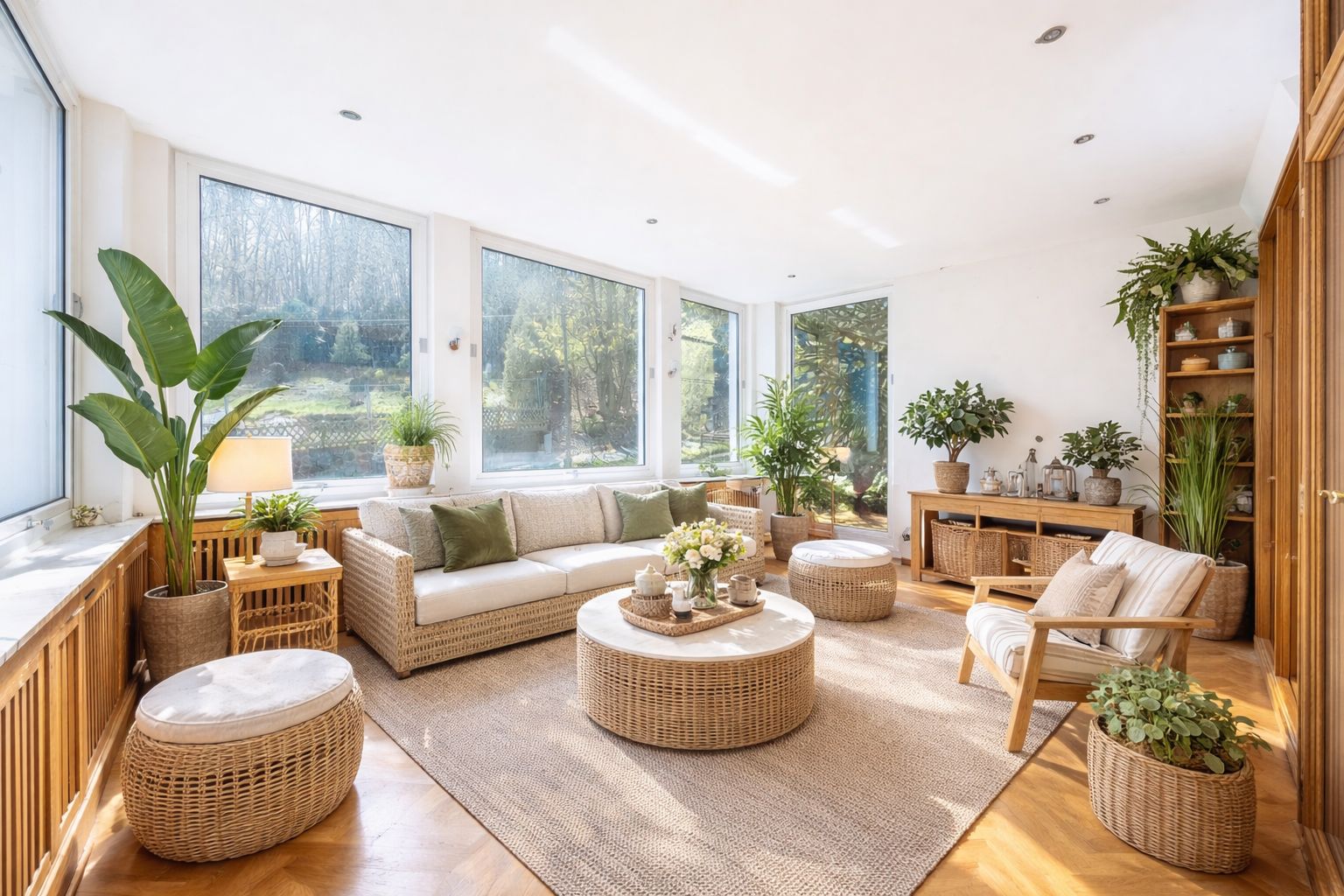 Helles Wohnzimmer mit großen Fenstern, Korbmöbeln und vielen Zimmerpflanzen.