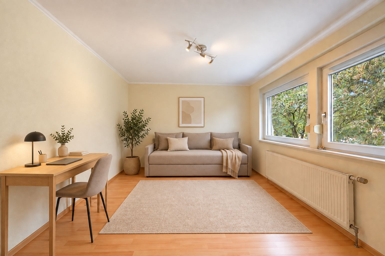 Helles Zimmer mit Sofa, Schreibtisch, Teppich und großen Fenstern mit Blick ins Grüne.