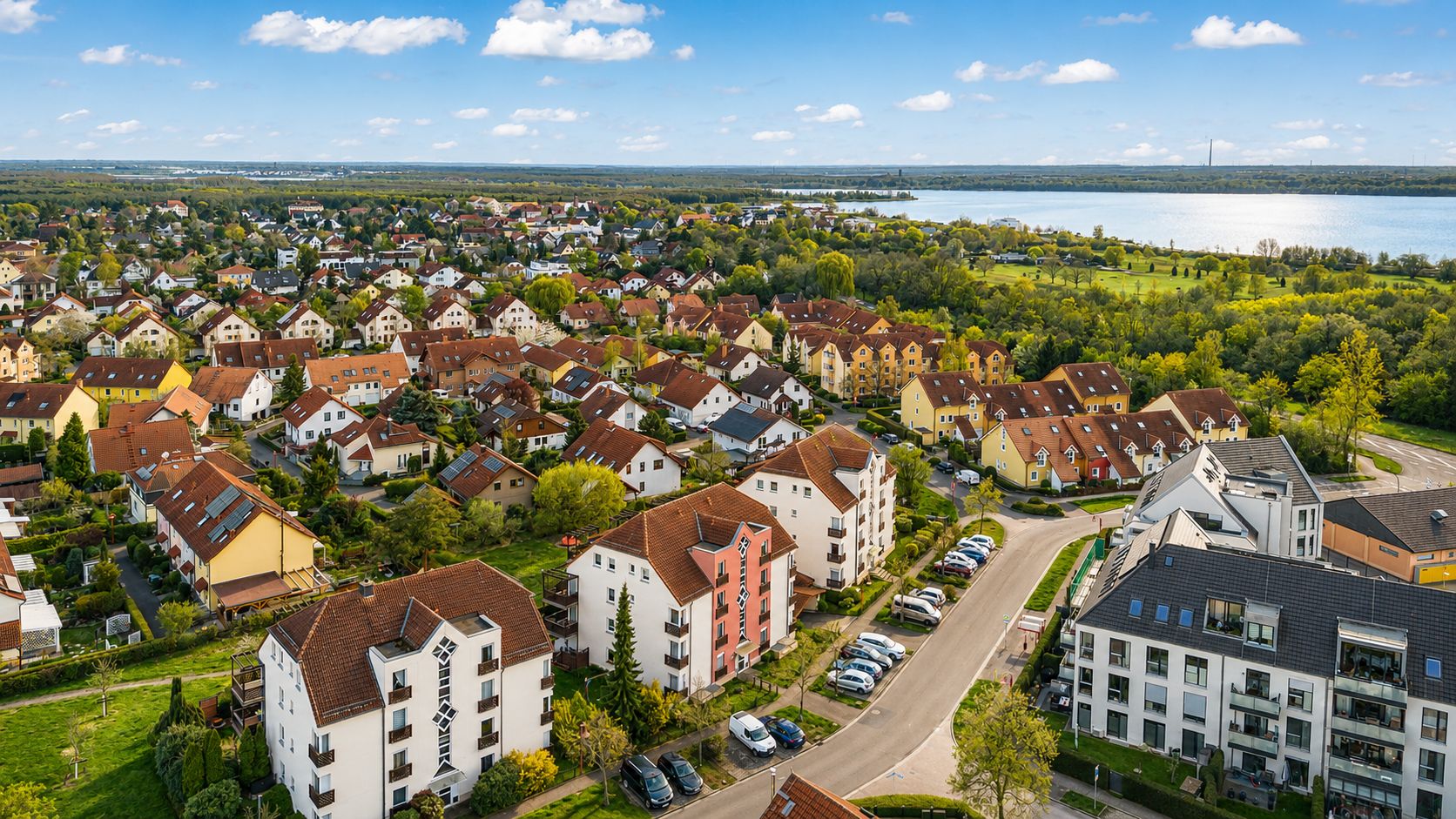 Luftaufnahme von Wohnhäusern mit roten Dächern und parkenden Autos neben einer Straße.