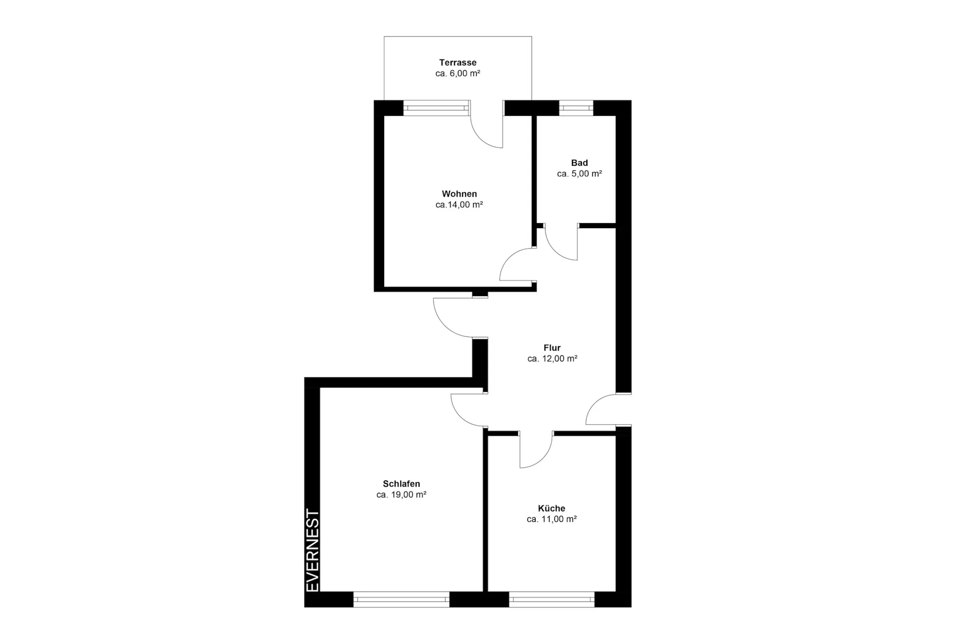 Grundriss einer Wohnung mit Schlafzimmer, Wohnzimmer, Küche, Bad, Flur und Terrasse.