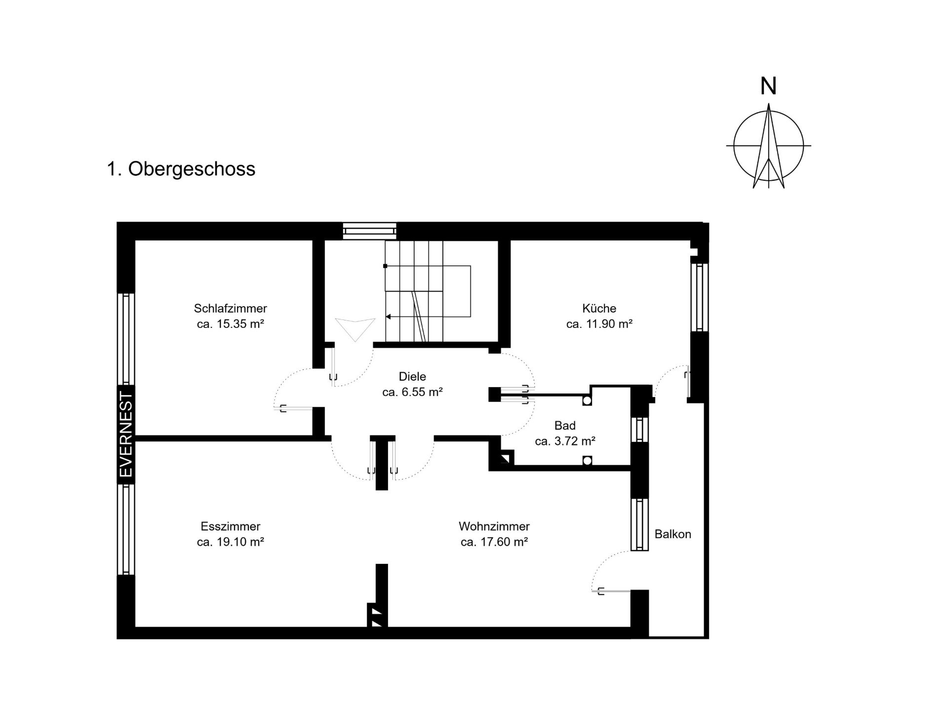 Grundriss des ersten Obergeschosses mit Schlafzimmer, Wohnzimmer, Esszimmer, Küche, Bad und Balkon.