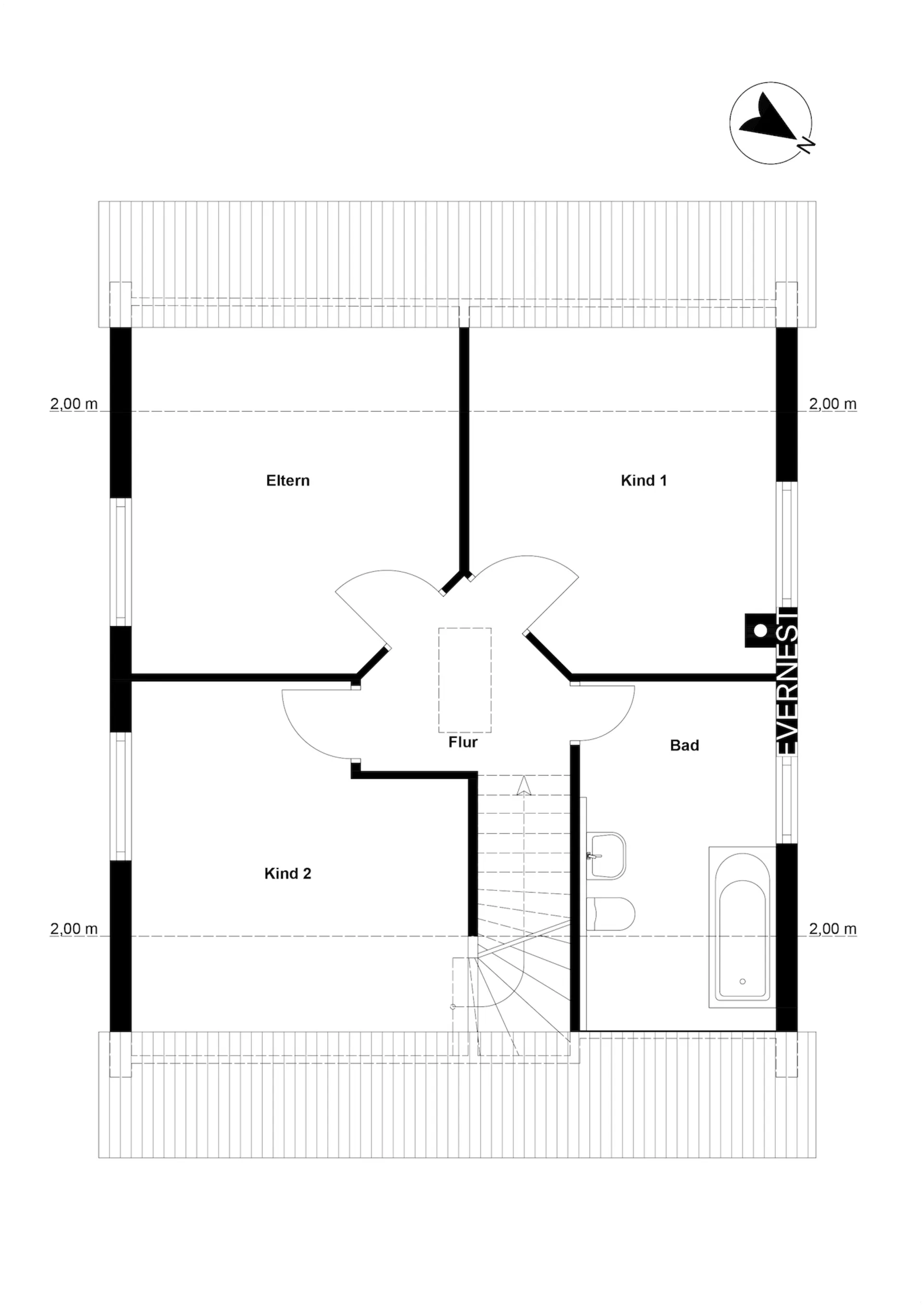 Grundriss mit drei Zimmern, Flur, Bad und Treppe in einer Etage eines Wohnhauses.