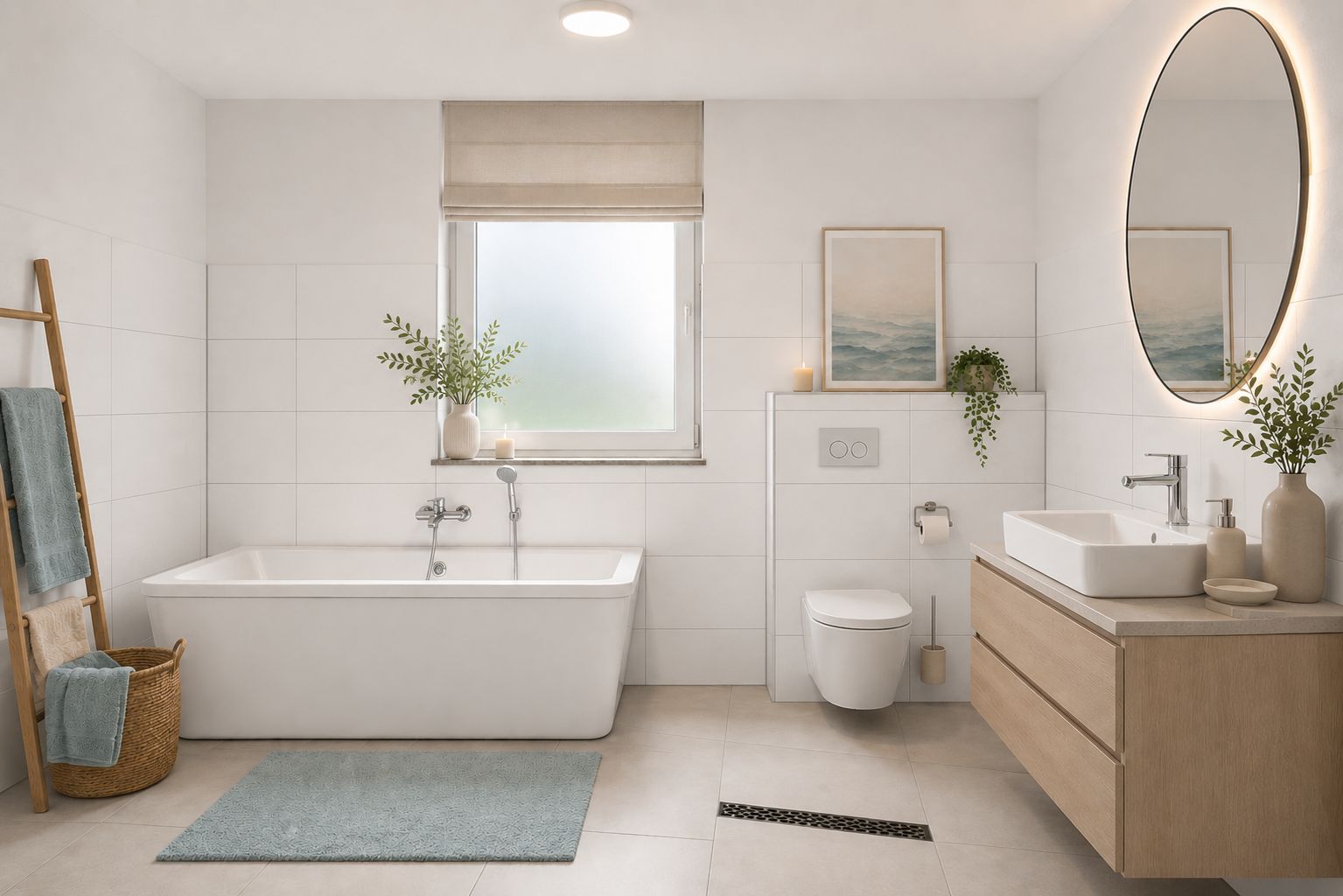 Helles Badezimmer mit Badewanne, Waschbecken, WC, Spiegel und dekorativen Pflanzen.