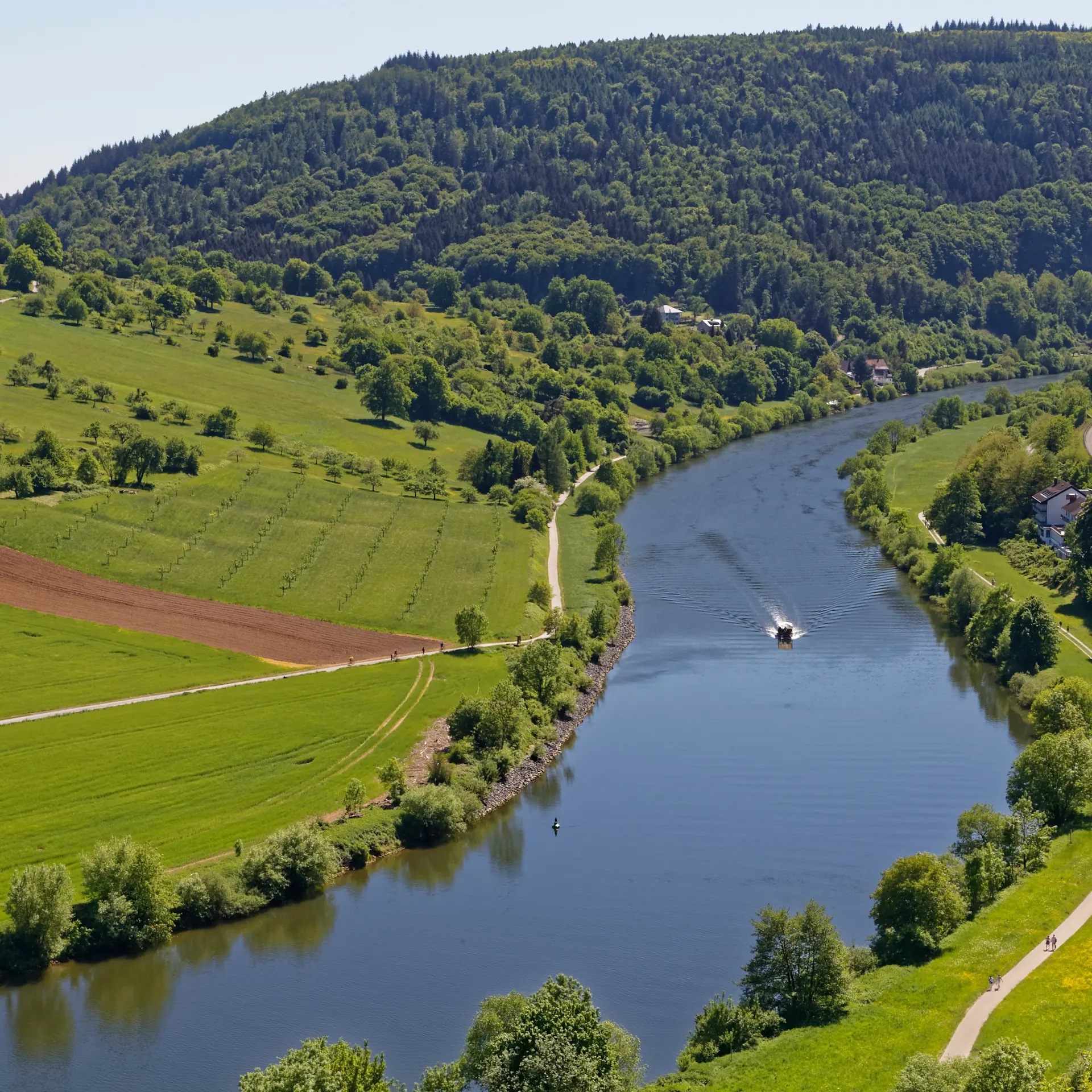 Fluss, der durch eine grüne Landschaft mit Feldern und Bäumen fließt, Boot auf dem Wasser.