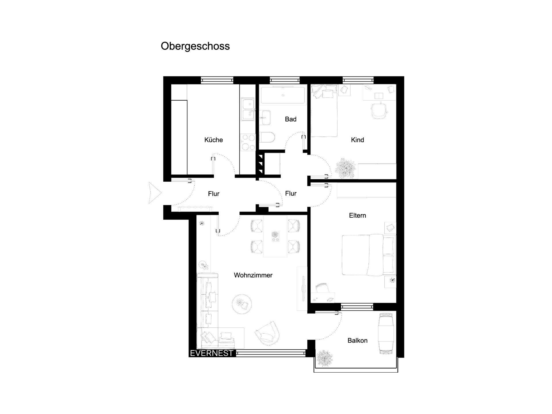 Grundriss einer Wohnung mit Wohnzimmer, Küche, Bad, Eltern-, Kinderzimmer und Balkon.