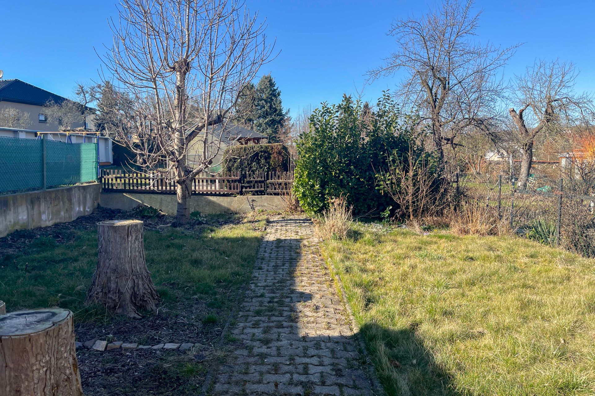 Garten mit gepflastertem Weg, Baumstümpfen, Rasen und einigen Sträuchern an einem sonnigen Tag.