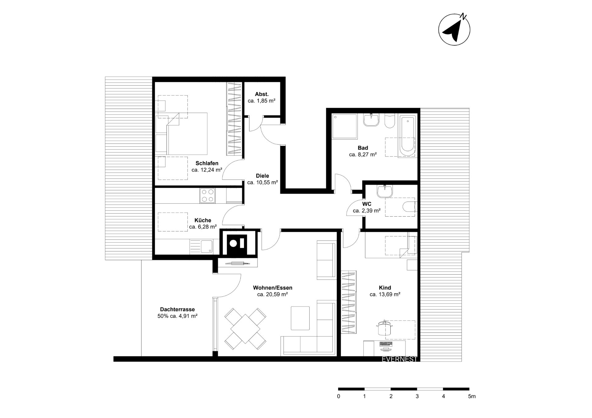 Grundriss einer Wohnung mit Schlafzimmer, Küche, Bad, Kinderzimmer, Wohnzimmer und Dachterrasse.