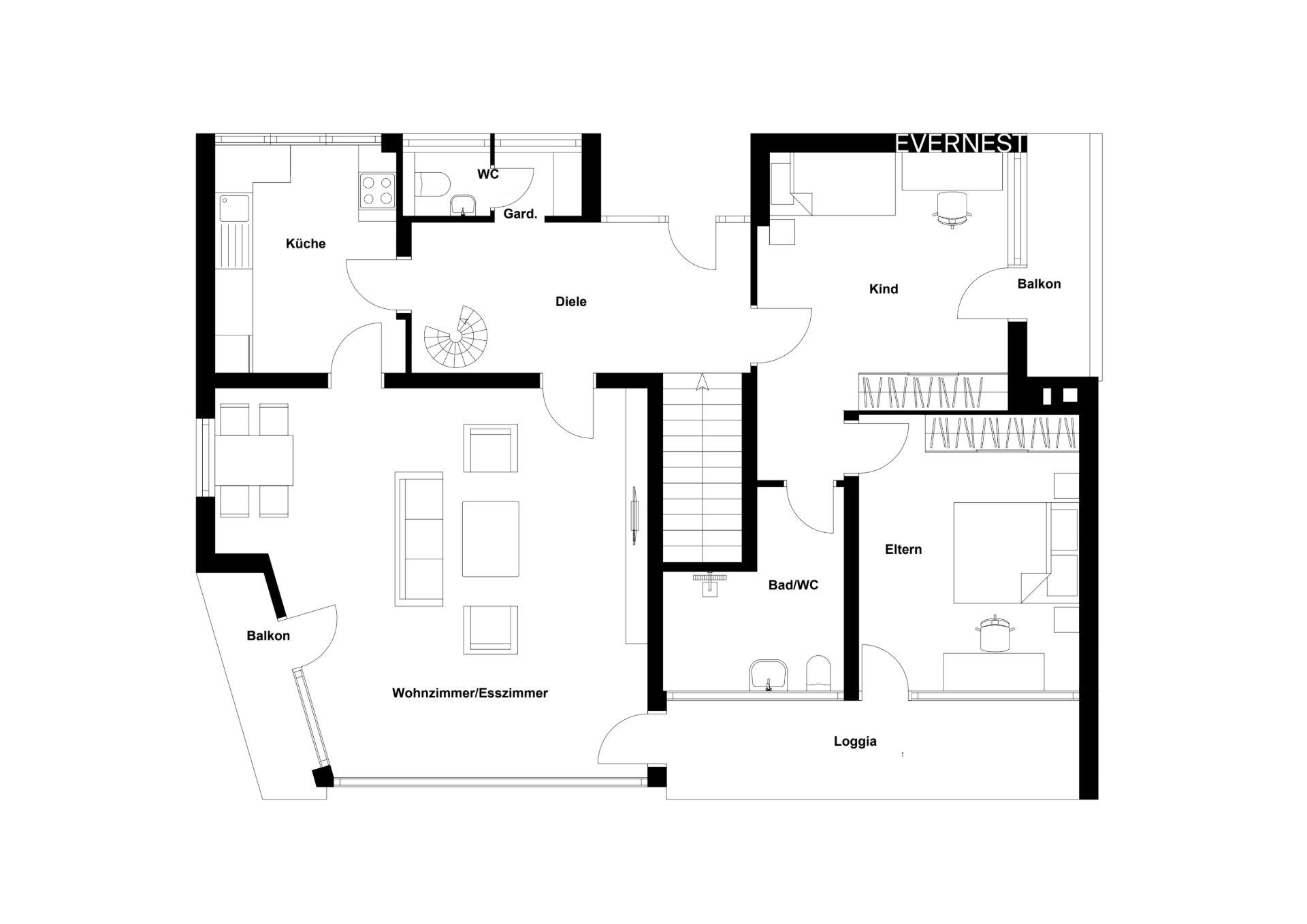 Grundriss einer Wohnung mit Wohnzimmer, Küche, zwei Schlafzimmern, Bad, WC und zwei Balkonen.