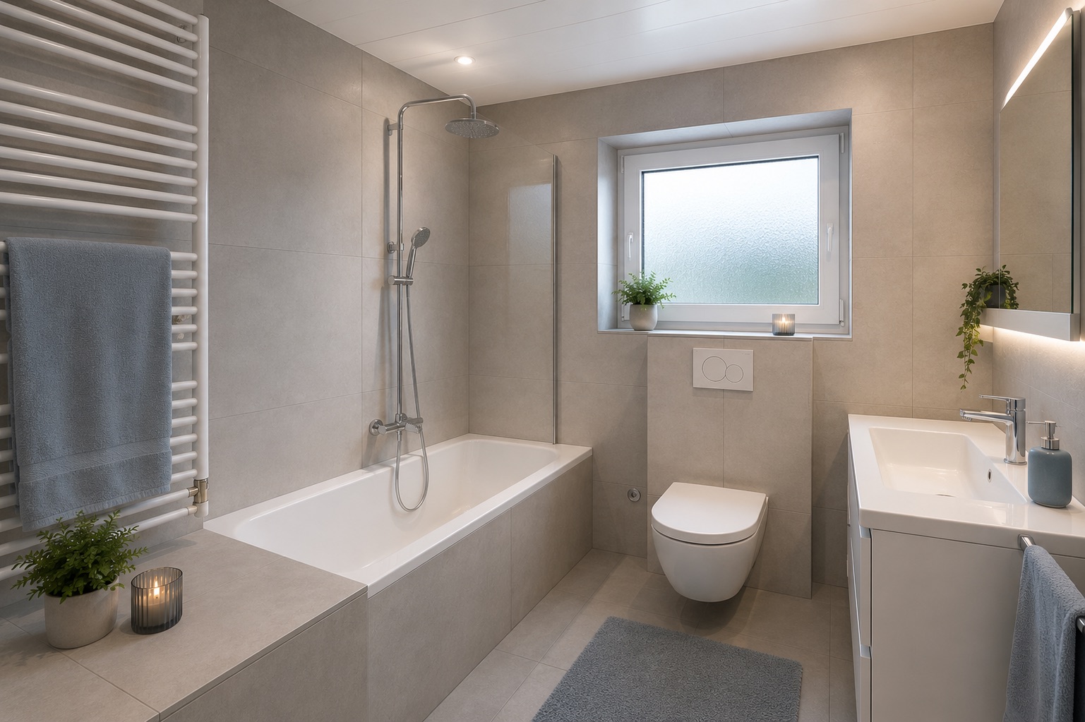 Modernes Bad mit Badewanne, Dusche, WC, Waschbecken, Fenster und Pflanzen.