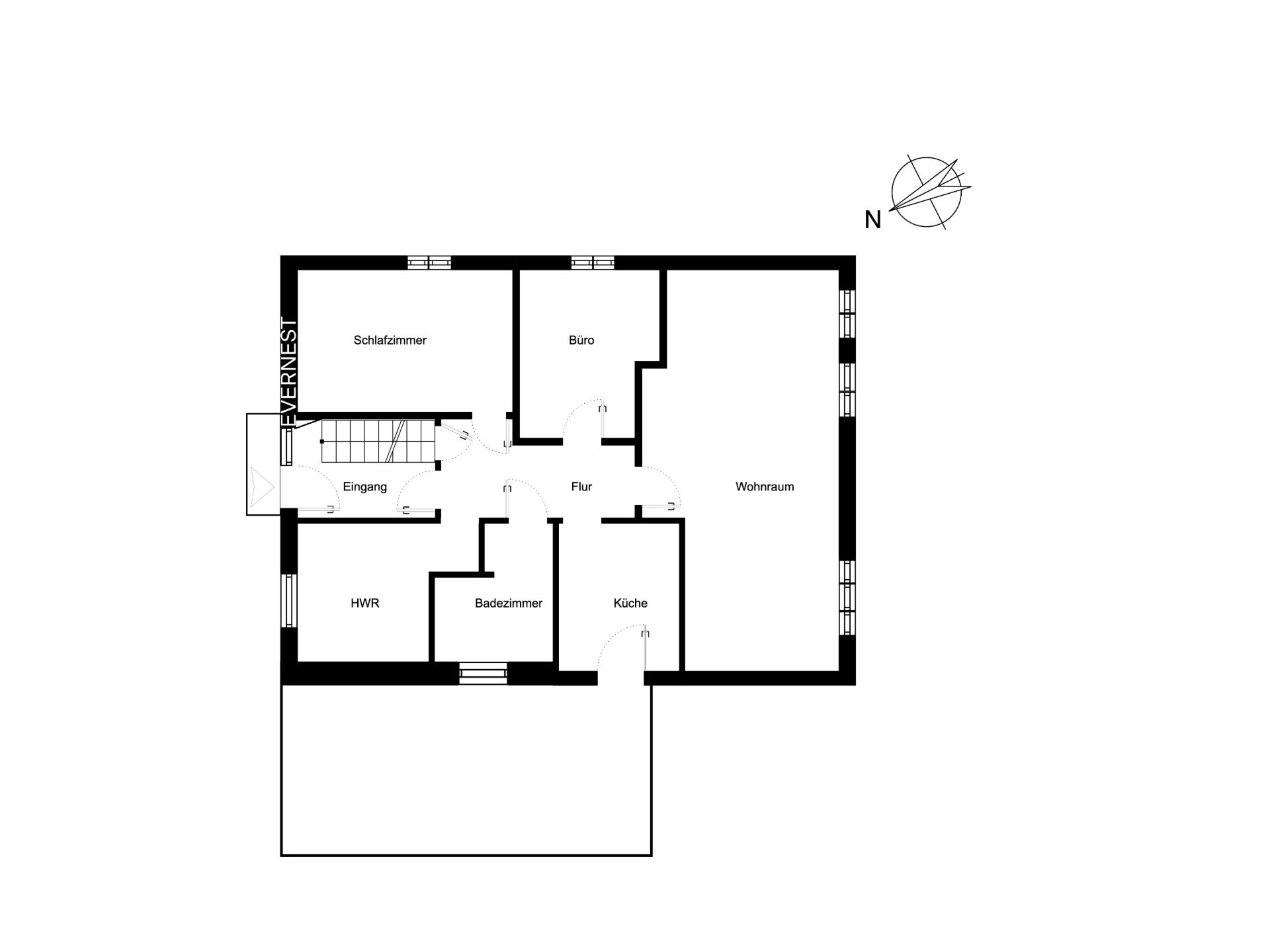 Grundriss mit Schlafzimmer, Büro, Wohnzimmer, Küche, Badezimmer, Flur und HWR.