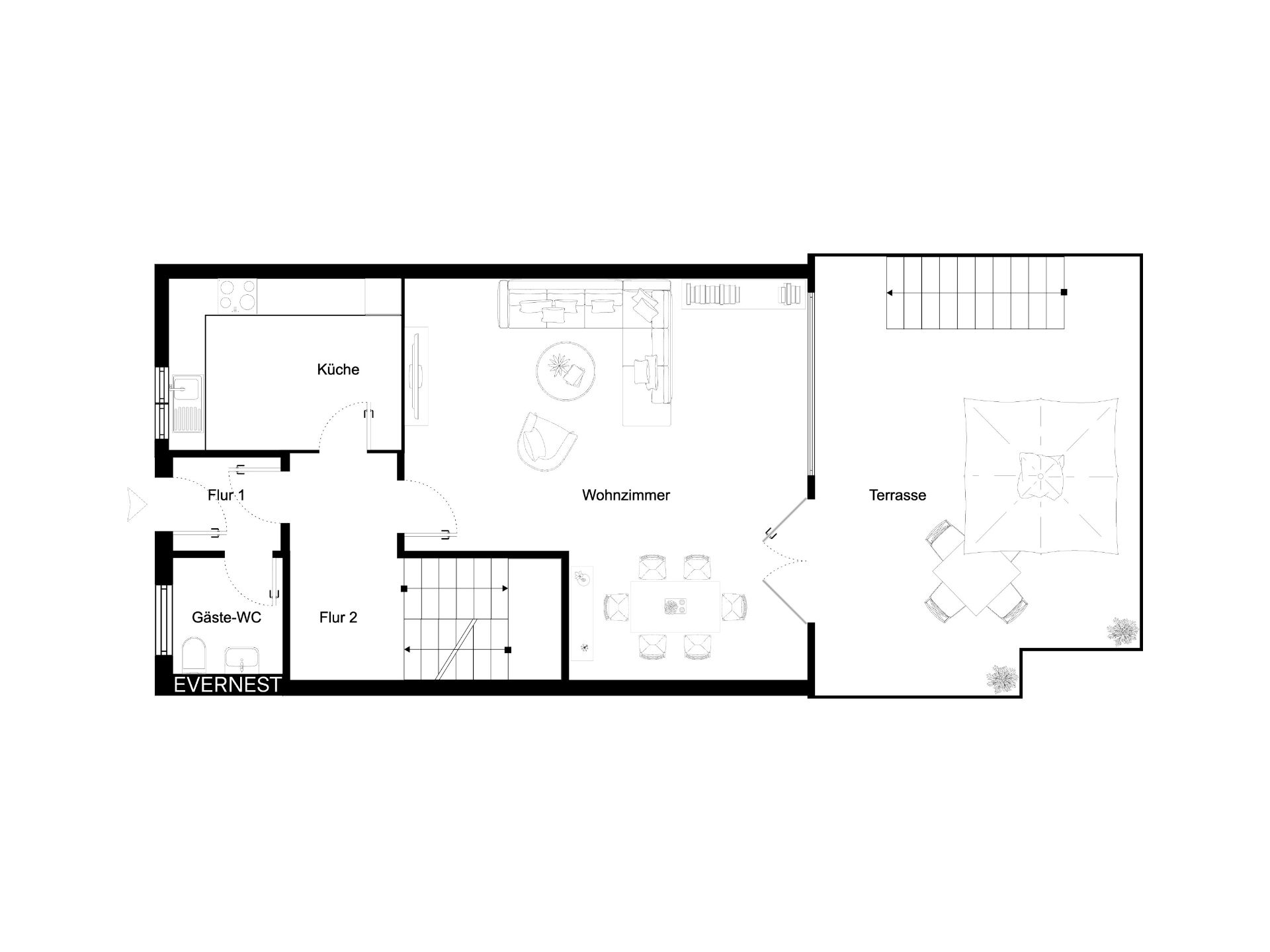 Grundriss mit Küche, Wohnzimmer, Gäste-WC, zwei Fluren und Terrasse.