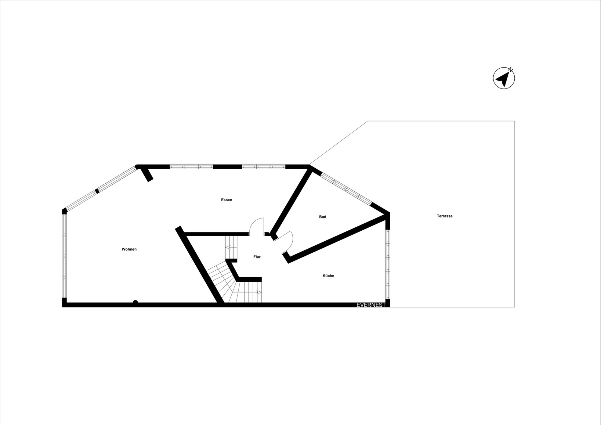 Grundriss einer Wohnung mit Wohnzimmer, Essbereich, Küche, Bad, Flur und Terrasse.