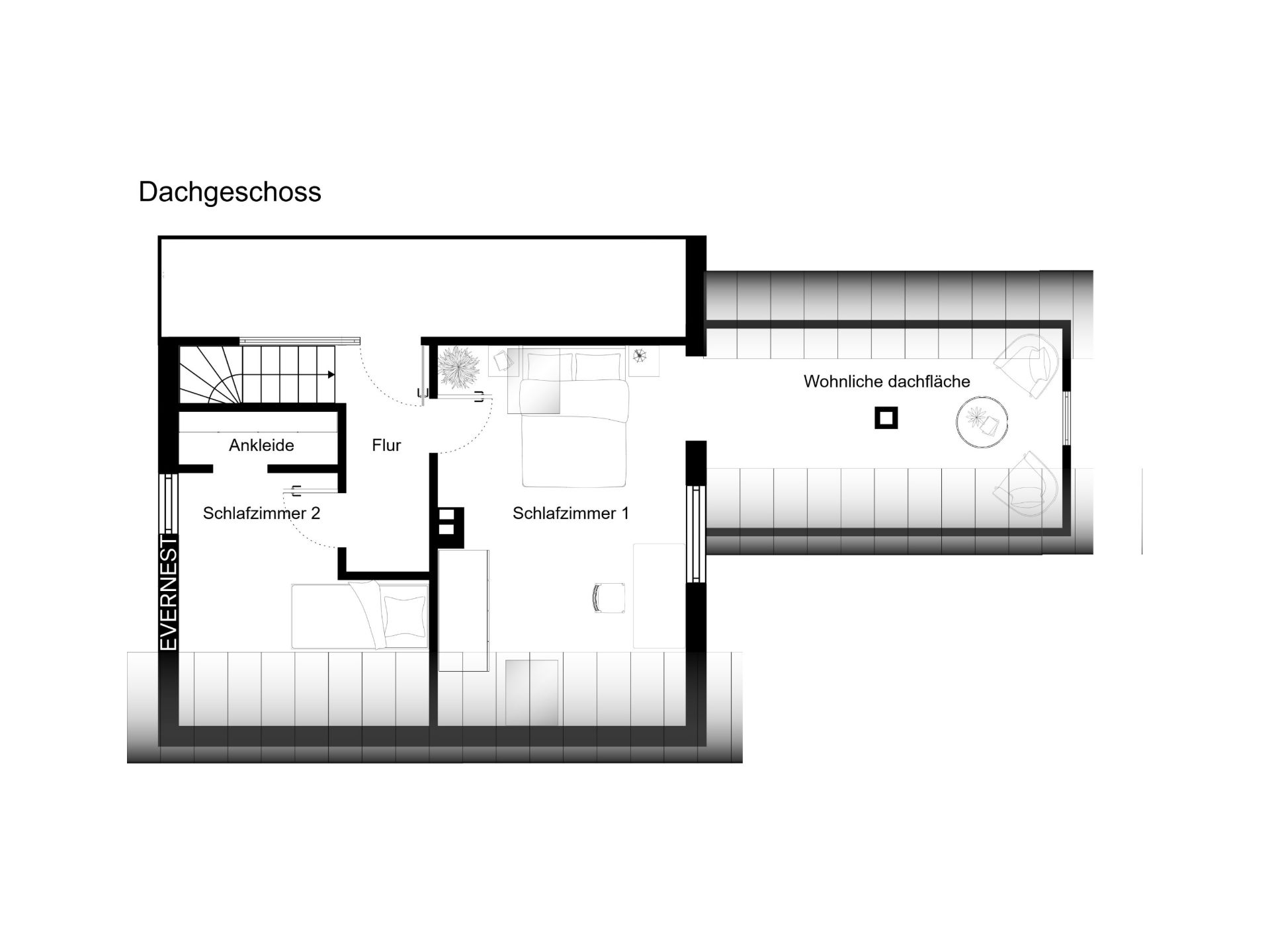 Grundriss eines Dachgeschosses mit zwei Schlafzimmern, Ankleide, Flur und wohnlicher Dachfläche.