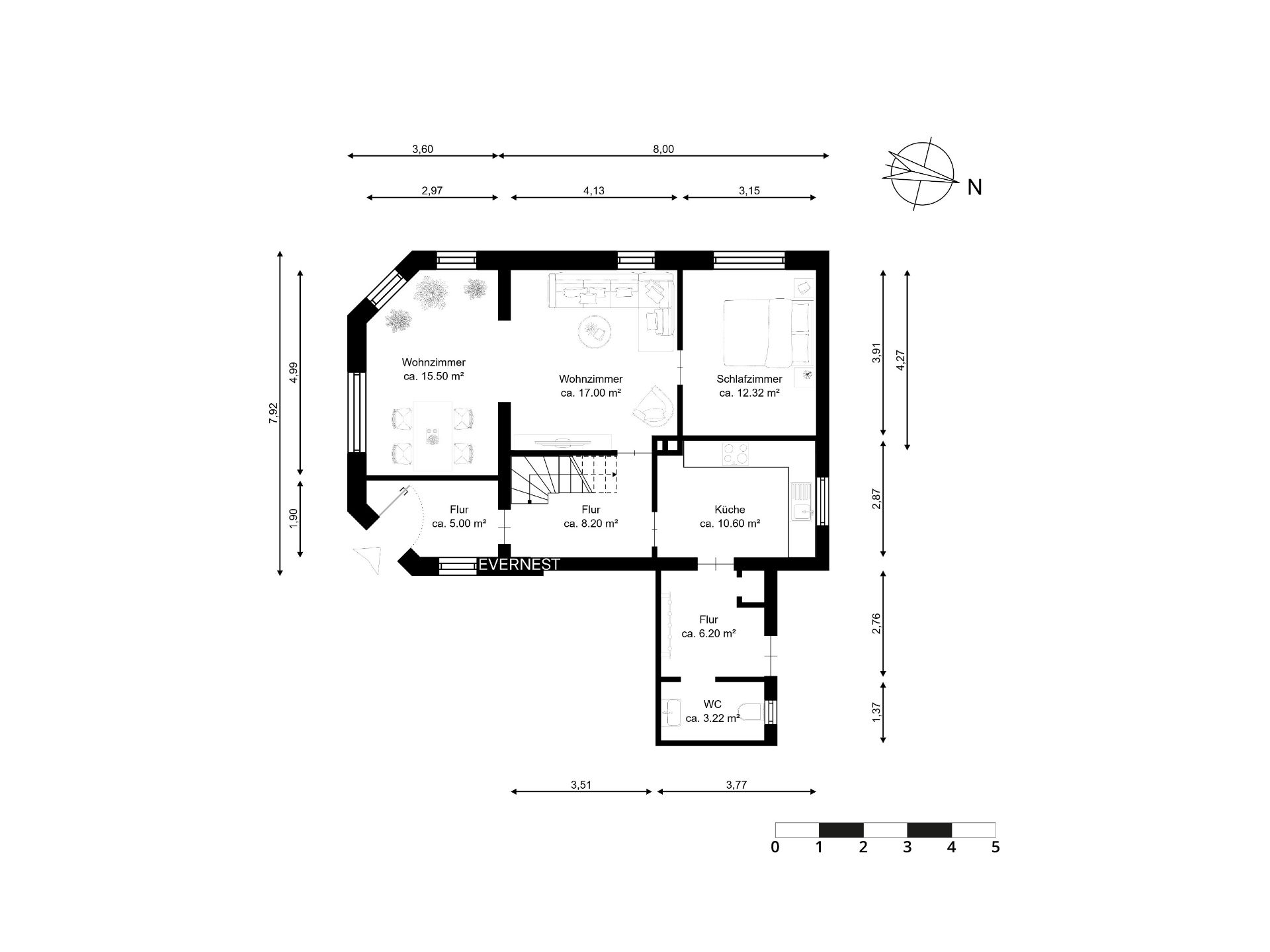 Grundriss einer Wohnung mit zwei Wohnzimmern, Schlafzimmer, Küche, WC und Fluren.
