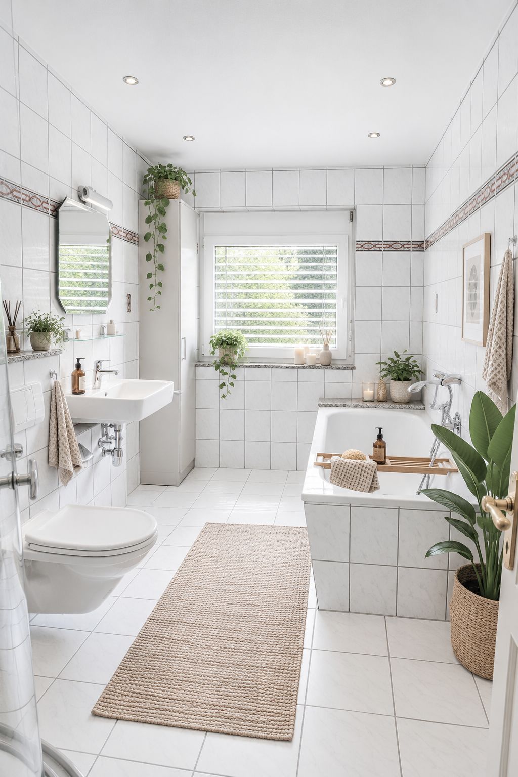 Helles Badezimmer mit Badewanne, Waschbecken, WC, Pflanzen und großem Fenster.
