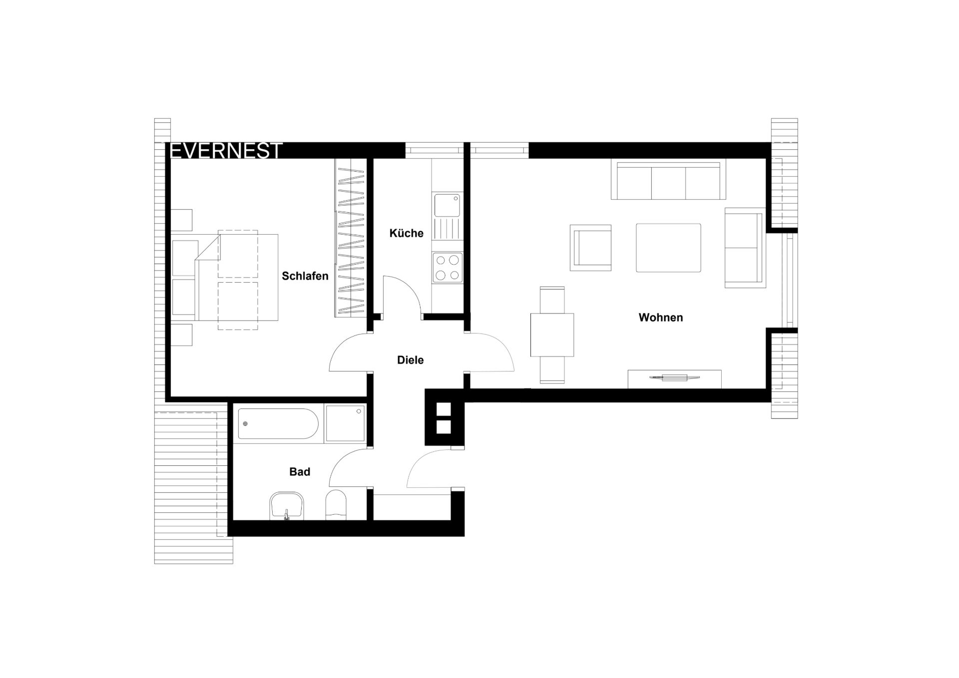 Grundriss einer Wohnung mit Schlafzimmer, Bad, Küche, Diele und Wohnzimmer.