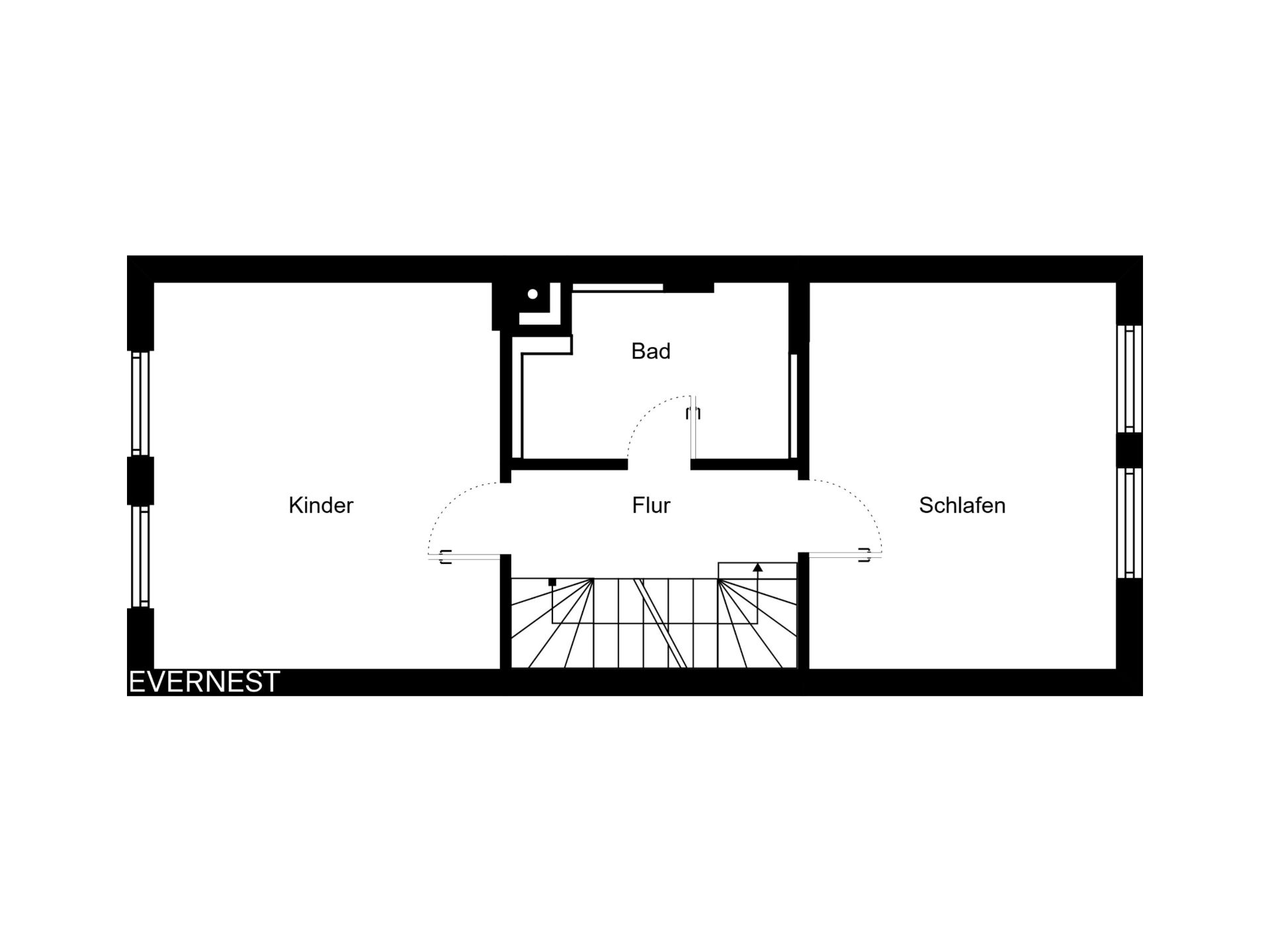 Grundriss mit Kinderzimmer, Schlafzimmer, Bad und Flur sowie Treppe.