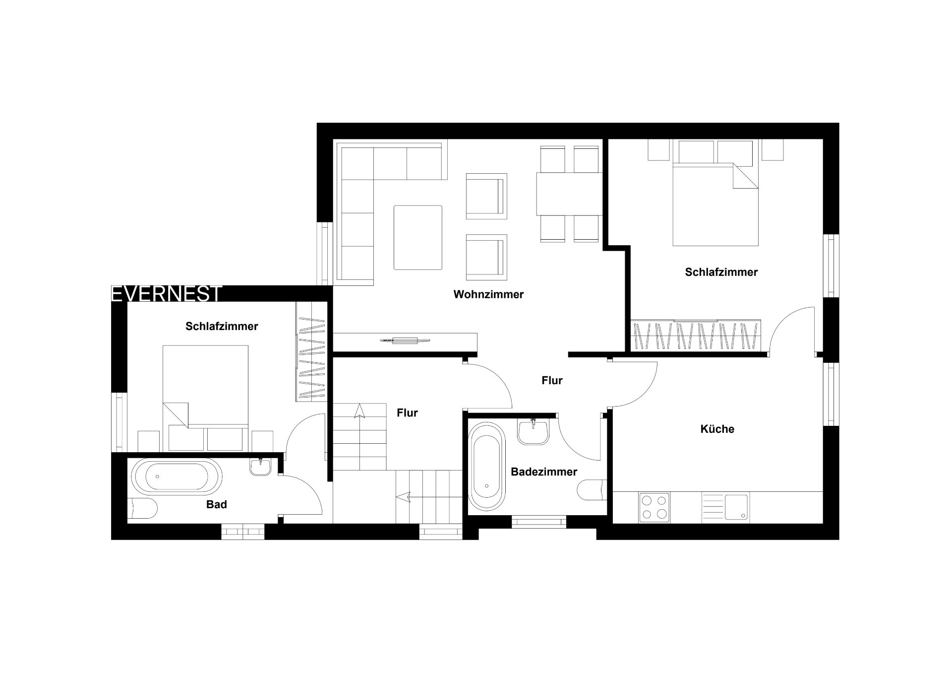 Grundriss einer Wohnung mit zwei Schlafzimmern, Wohnzimmer, Küche, Bad und Badezimmer.
