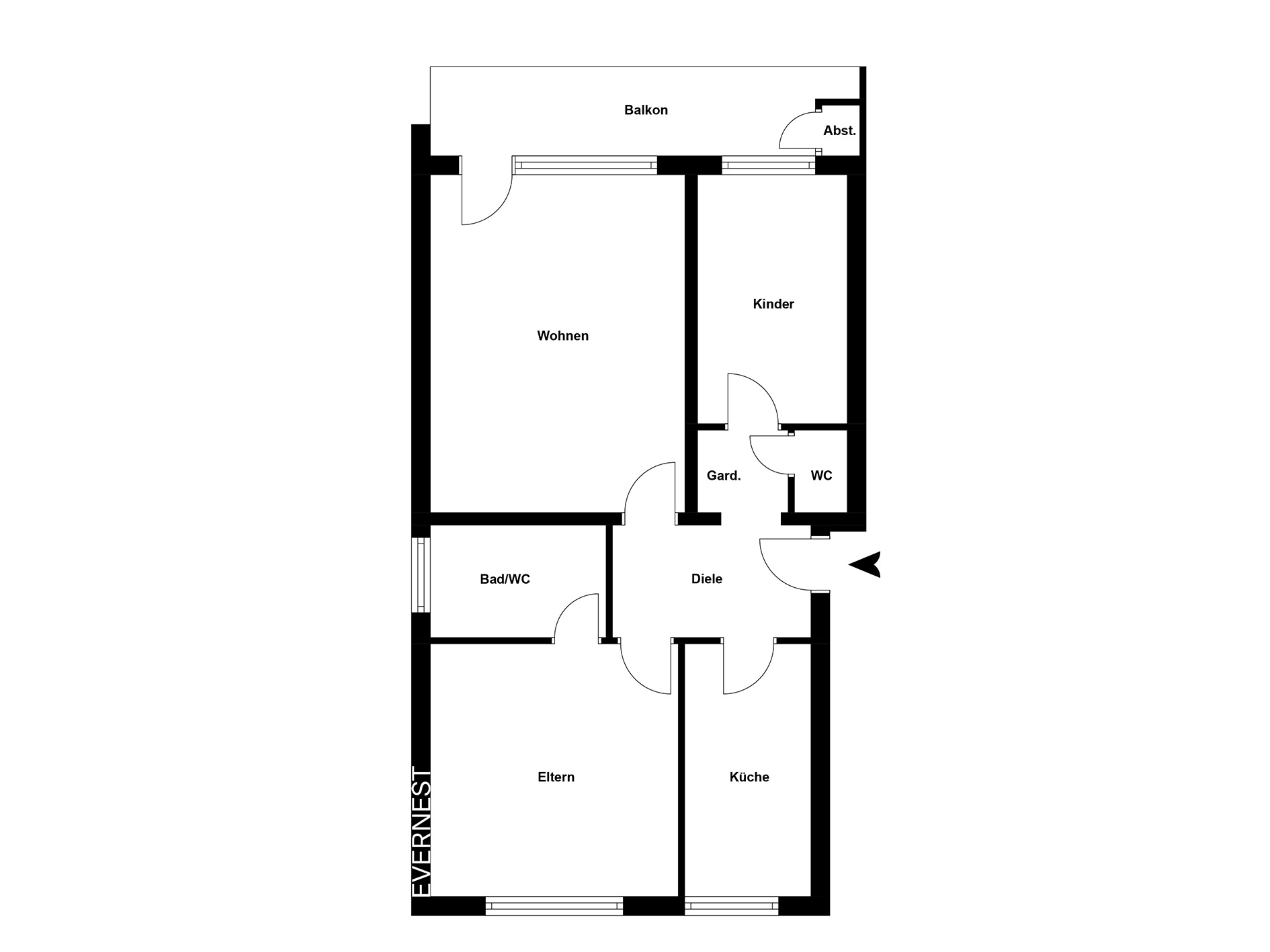 Grundriss einer Wohnung mit Balkon, Wohnzimmer, Elternzimmer, Kinderzimmer, Küche und Bad.