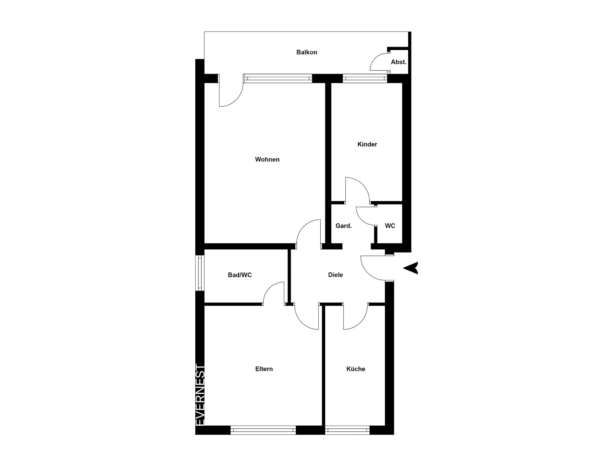 Grundriss einer Wohnung mit Balkon, Wohnzimmer, Elternzimmer, Kinderzimmer, Küche und Bad.