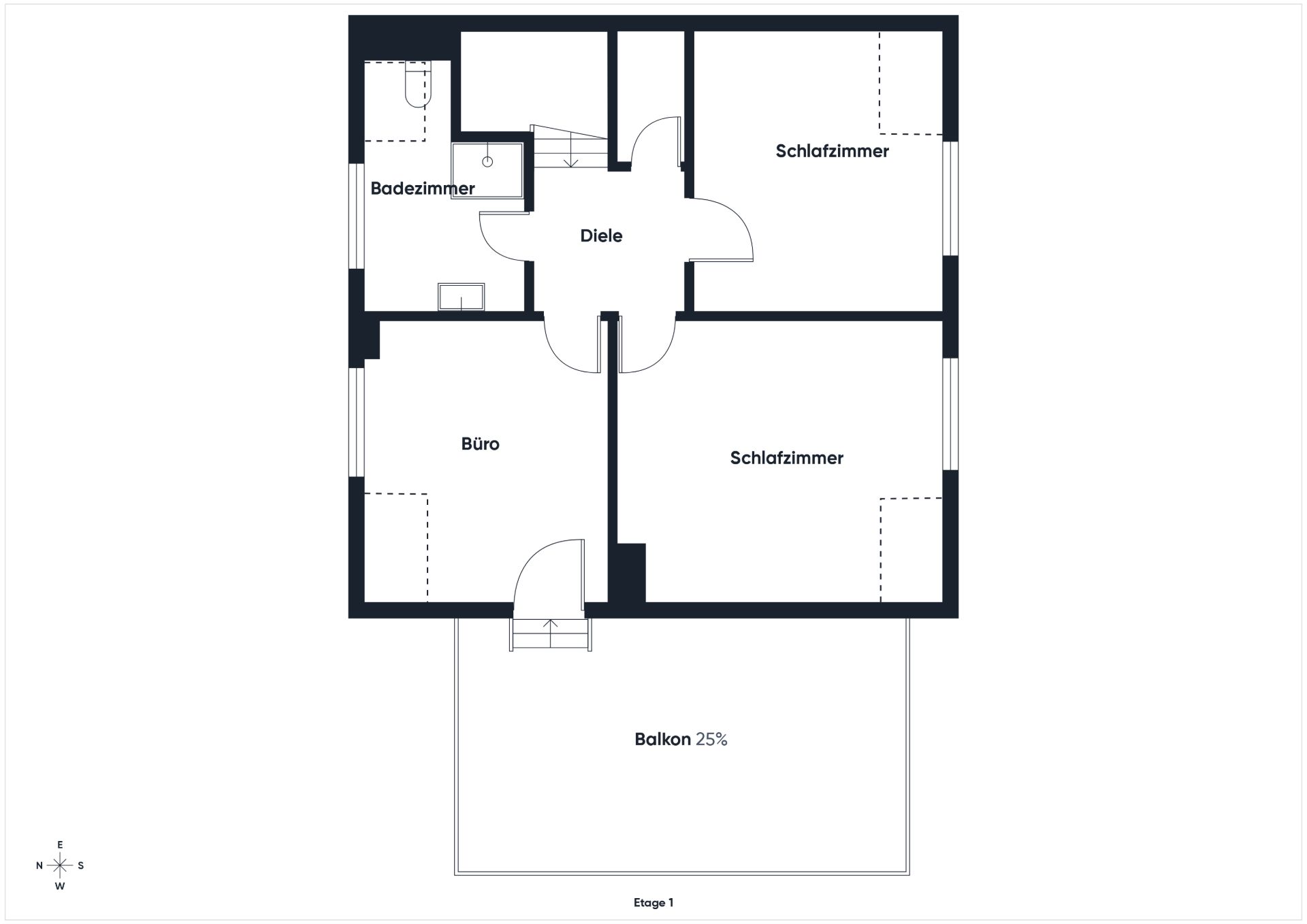 Grundriss mit zwei Schlafzimmern, einem Büro, Badezimmer, Diele und Balkon.