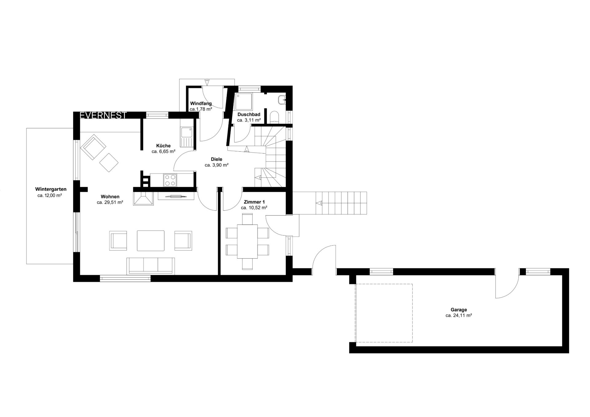 Grundriss eines Hauses mit Wohnzimmer, Wintergarten, Küche, Bad, Zimmer und Garage.