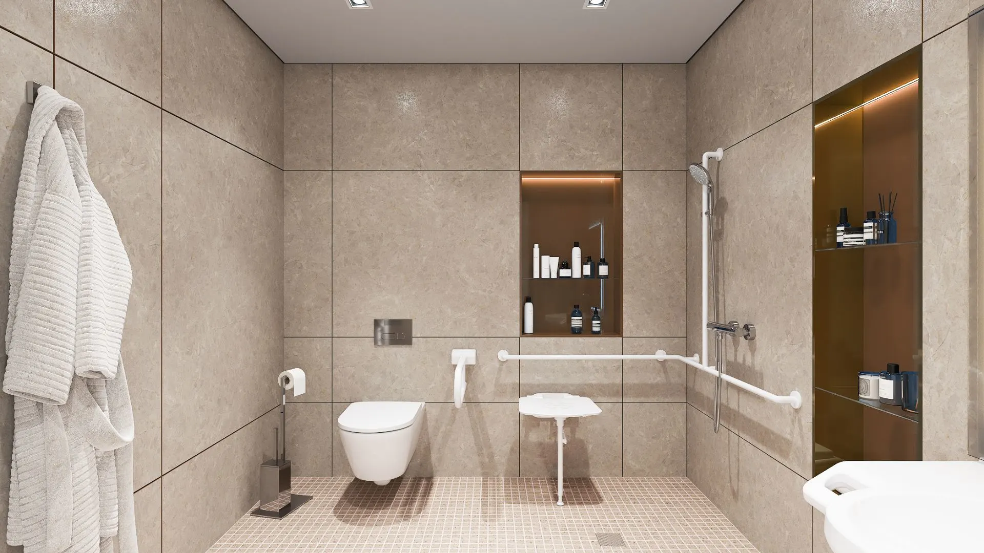Barrierefreies Badezimmer mit Haltegriffen, Toilette, Dusche, Waschbecken und Bademantel an der Wand.