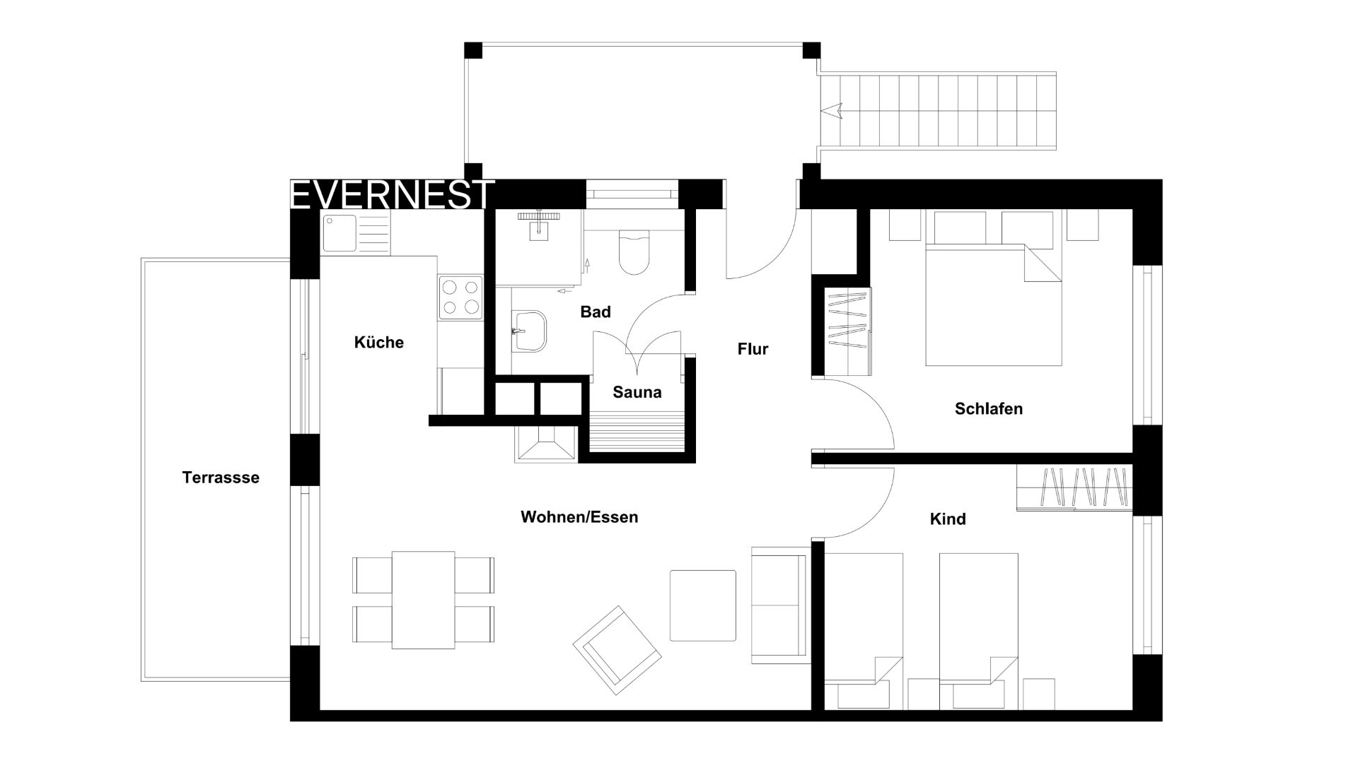 Grundriss einer Wohnung mit Küche, Bad, Sauna, Flur, Schlaf-, Kinderzimmer, Wohnen/Essen und Terrasse.