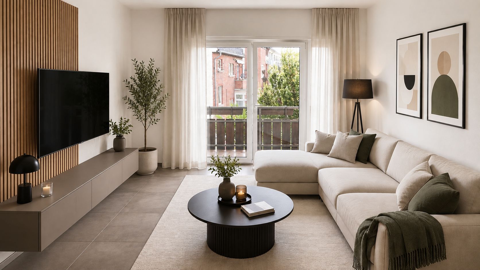 Modernes Wohnzimmer mit Sofa, Couchtisch, Fernseher, Pflanzen und großen Fenstern mit Vorhängen.