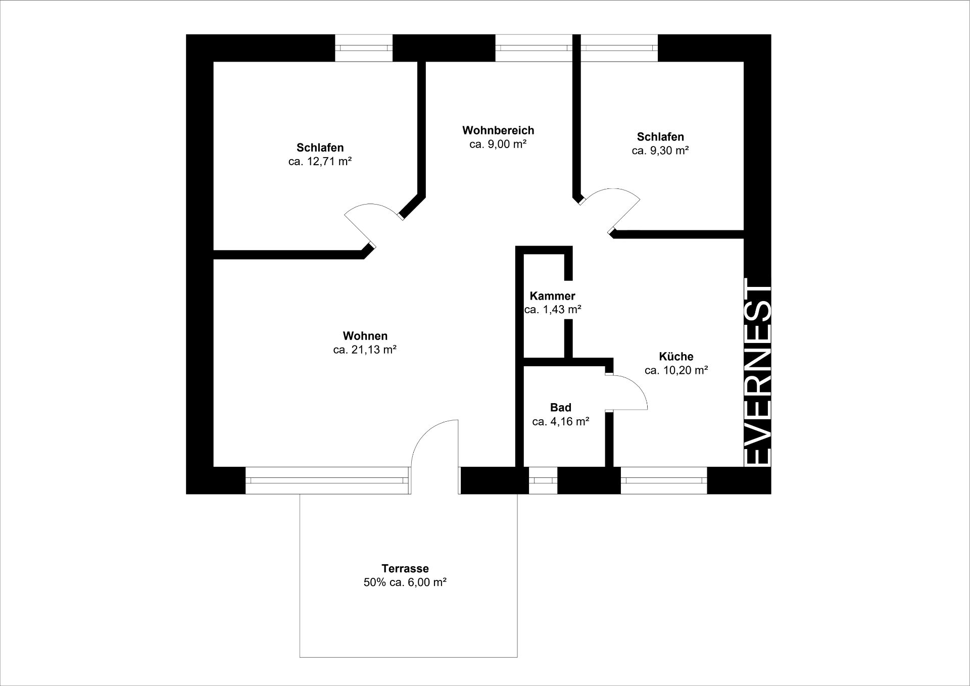 Grundriss einer Wohnung mit zwei Schlafzimmern, Wohnzimmer, Küche, Bad, Kammer und Terrasse.