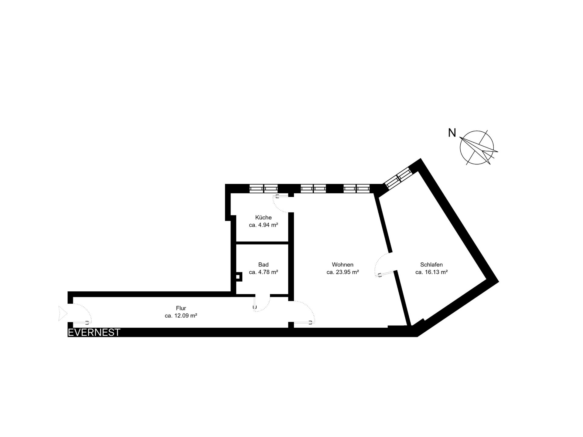 Grundriss einer Wohnung mit Flur, Küche, Bad, Wohn- und Schlafzimmer.