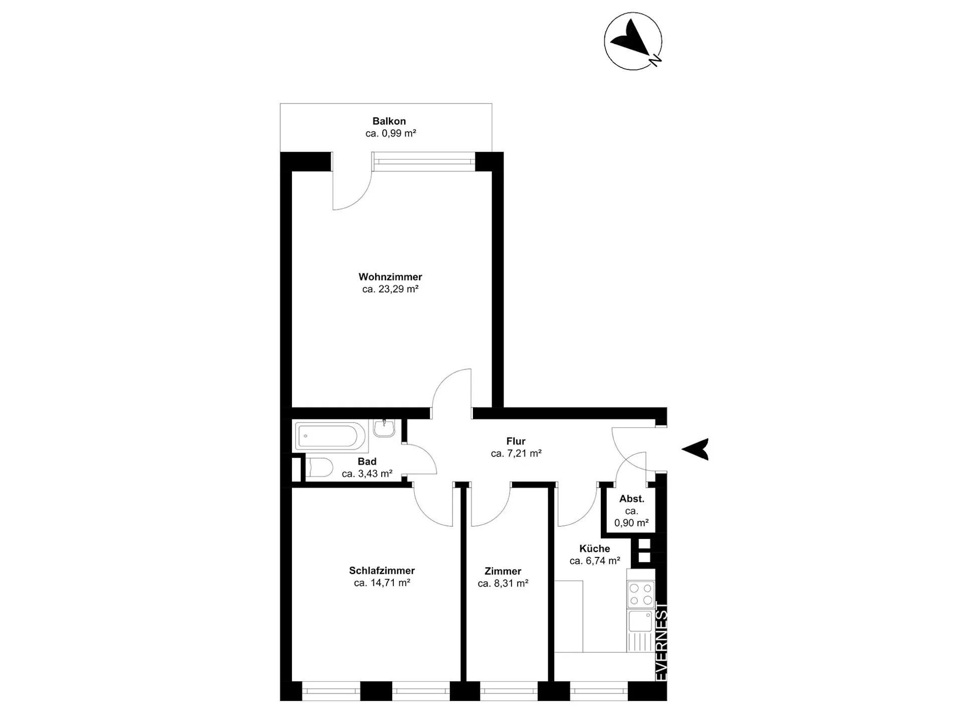 Grundriss einer Wohnung mit Wohnzimmer, Schlafzimmer, Zimmer, Bad, Küche, Flur, Abstellraum und Balkon.