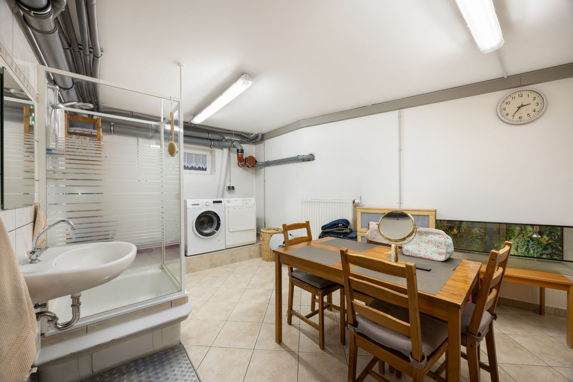 Heller Raum mit Waschmaschine, Trockner, Esstisch, Stühlen, Dusche und Waschbecken.