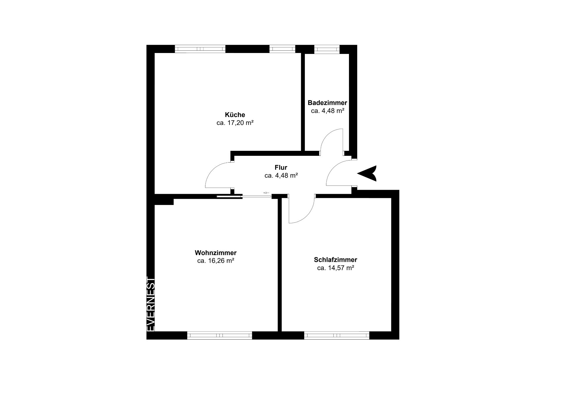 Grundriss mit Küche, Wohnzimmer, Schlafzimmer, Badezimmer und Flur, alle mit Flächenangaben.