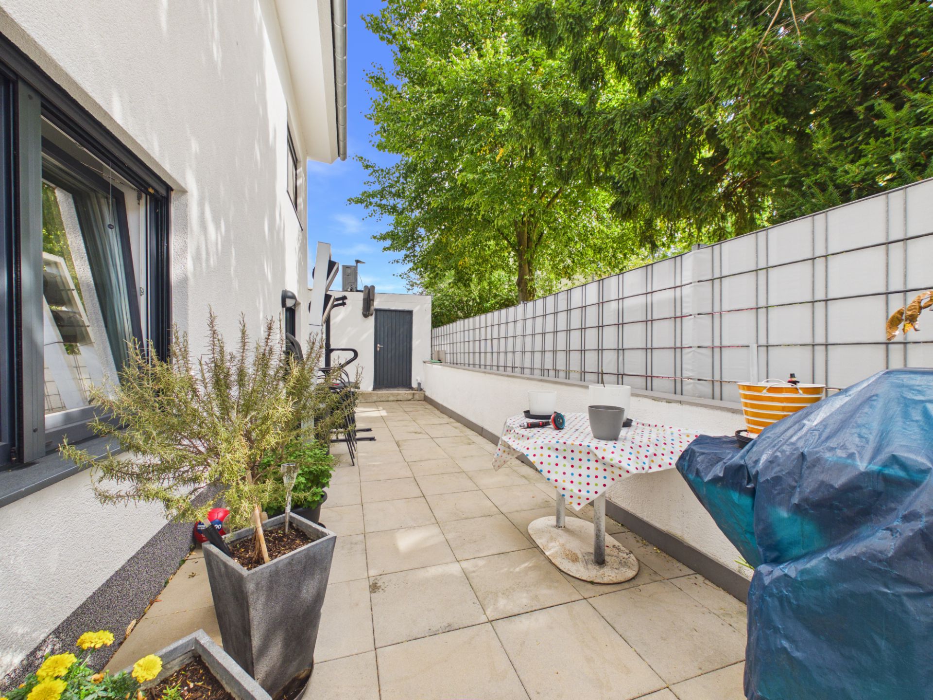 Gepflasterte Terrasse mit Tisch, Blumen in Töpfen, Grill und grünem Baum im Hintergrund.