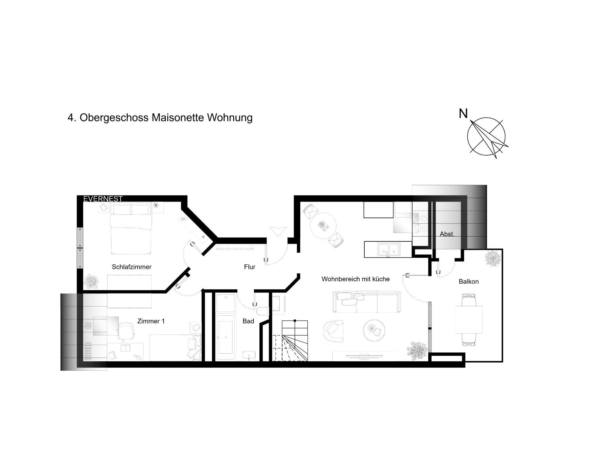 Grundriss einer Maisonette-Wohnung mit Schlafzimmer, Zimmer, Bad, Wohnküche, Balkon und Flur.