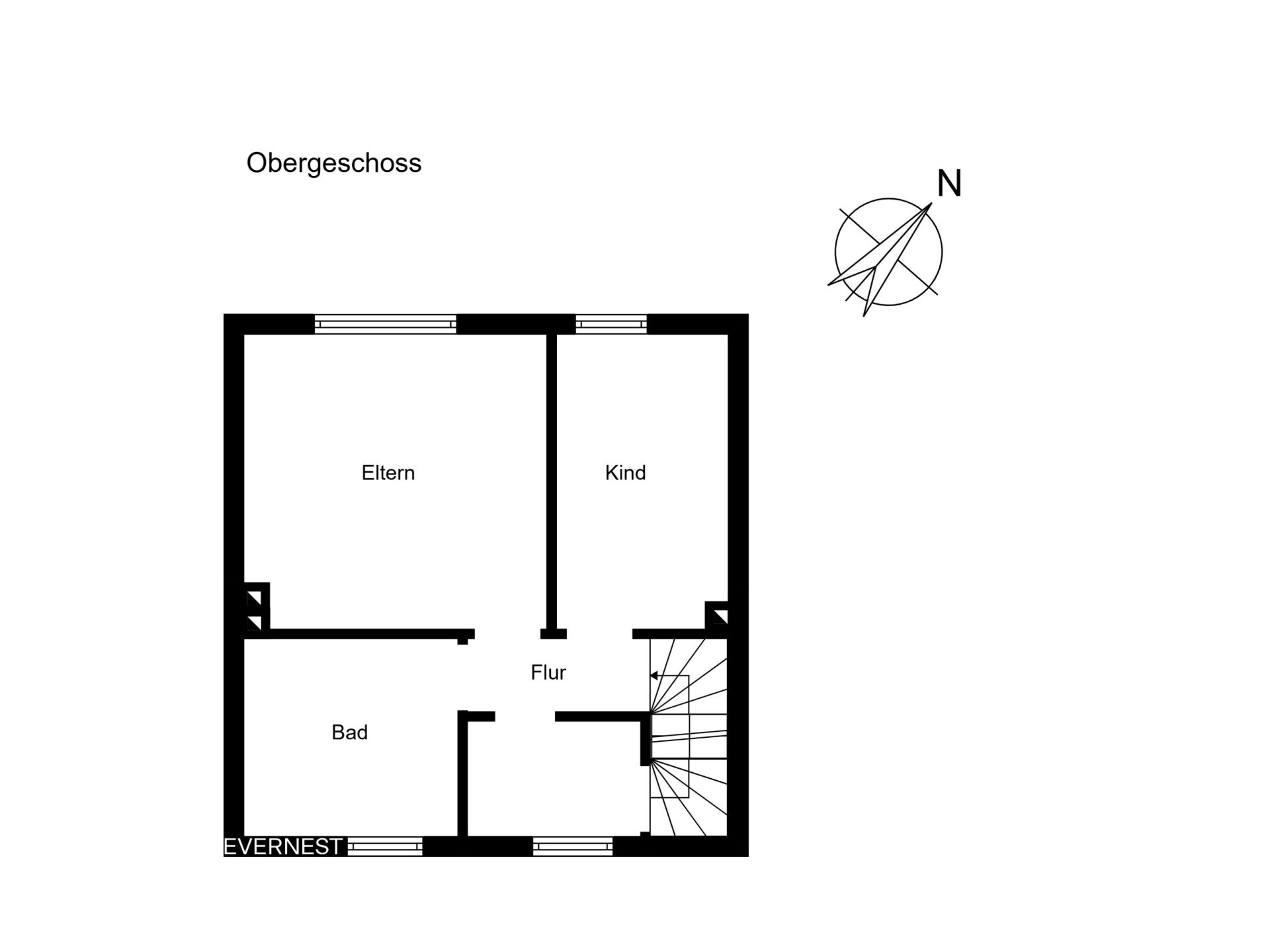 Grundriss des Obergeschosses mit Eltern-, Kind-, Bad- und Flurzimmer.