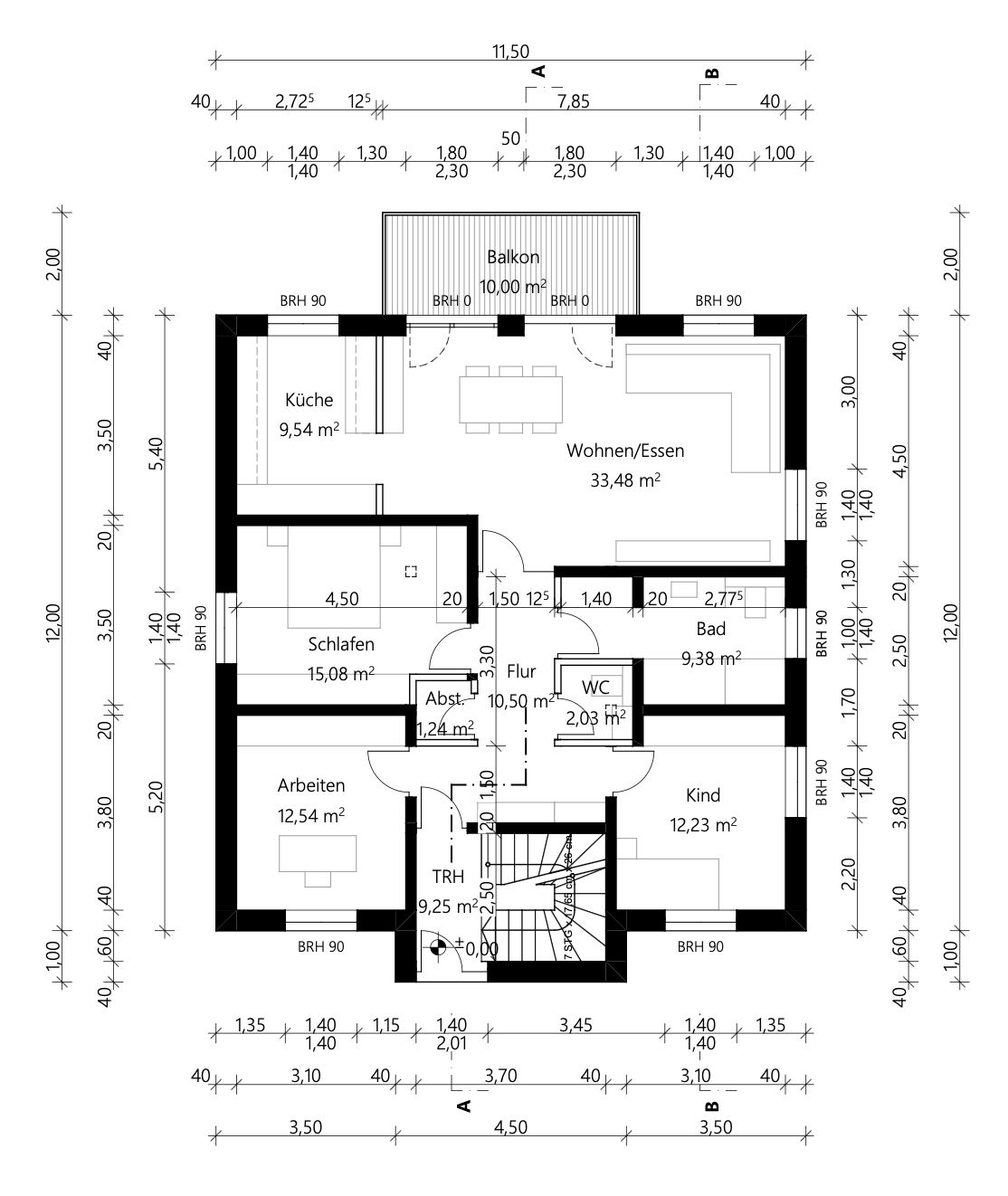 Grundriss einer Wohnung mit Küche, Wohnzimmer, Schlafzimmer, Bad, WC, Balkon und weiteren Räumen.