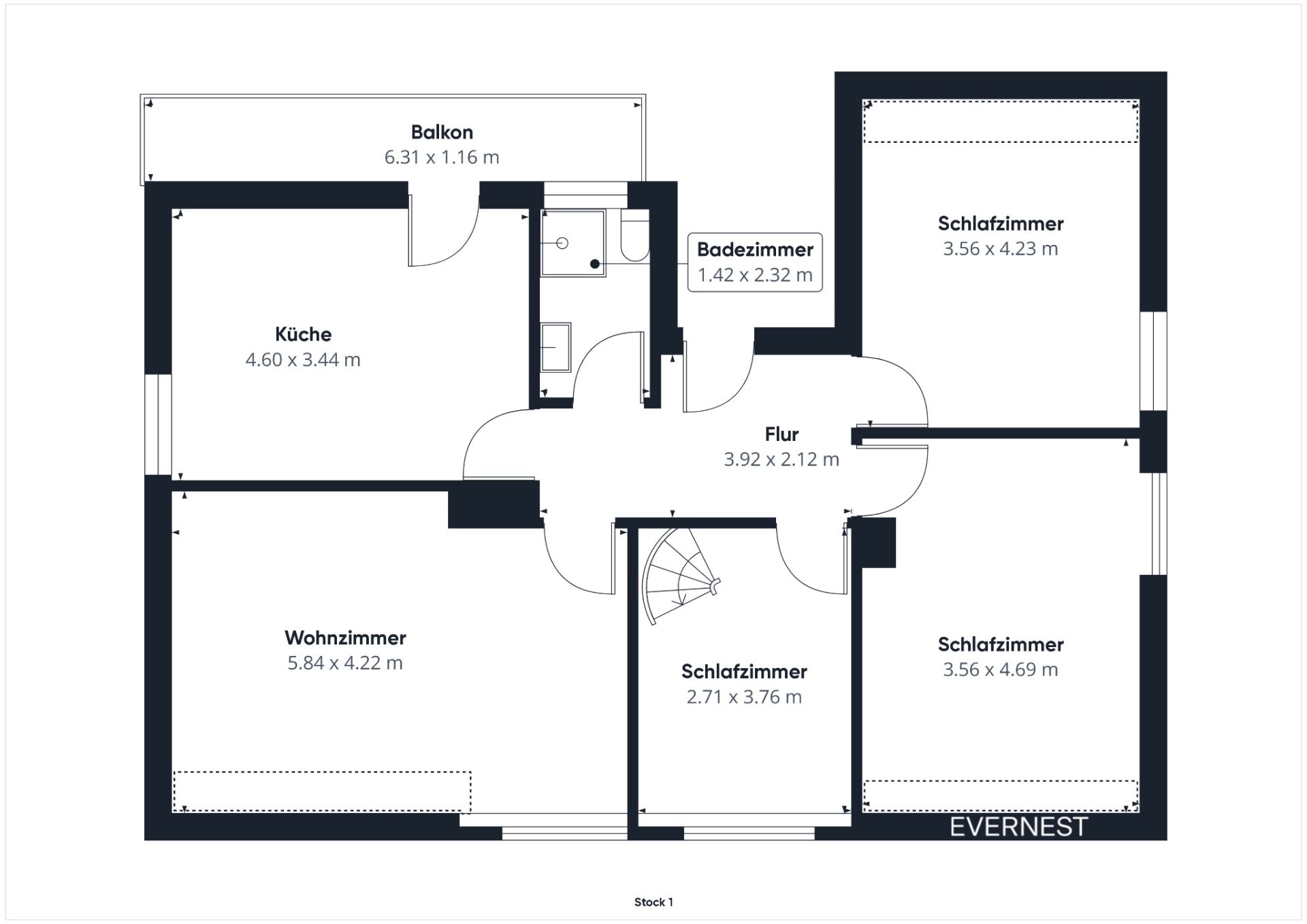 Grundriss einer Wohnung mit Wohnzimmer, Küche, Balkon, Bad und drei Schlafzimmern.