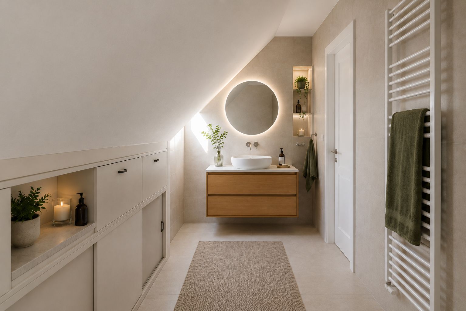 Modernes Badezimmer mit rundem Spiegel, Waschtisch, Handtuchheizkörper und dekorativen Regalen.